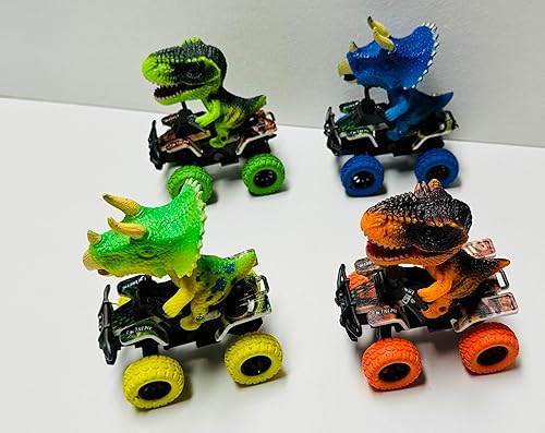 Miniatura 9 de Juguete de camión de dinosaurio, 4 dinosaurios jurásicos en ATV, vehículos de acrobacias Push and Go, no ruidoso para niños pequeños, regalo para