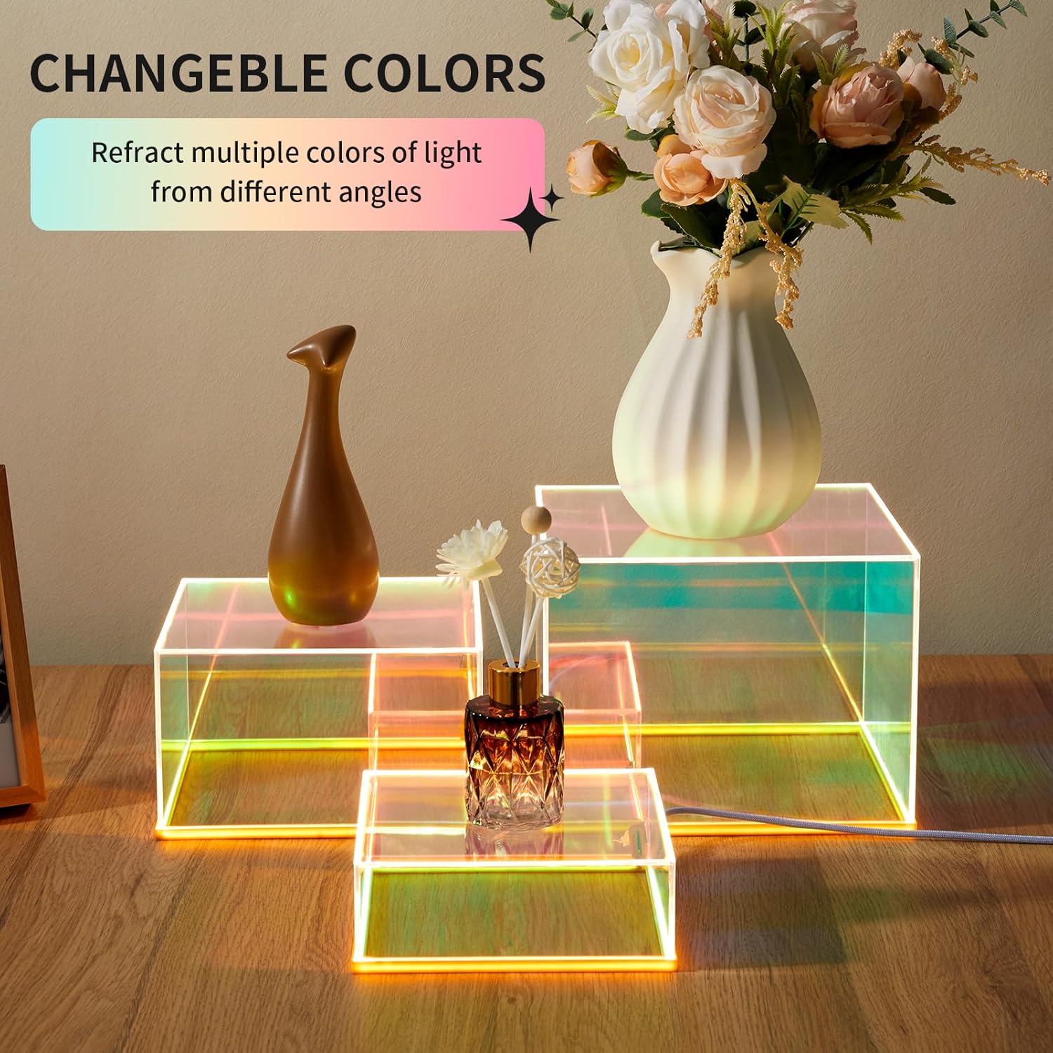 3Pcs Iridescent Acrylic Display Risers with LED light, Acrylic Cube Box Rainbow Display Stand with Hollow Bottoms for Figures Dessert Jewelry Perfume Handbag