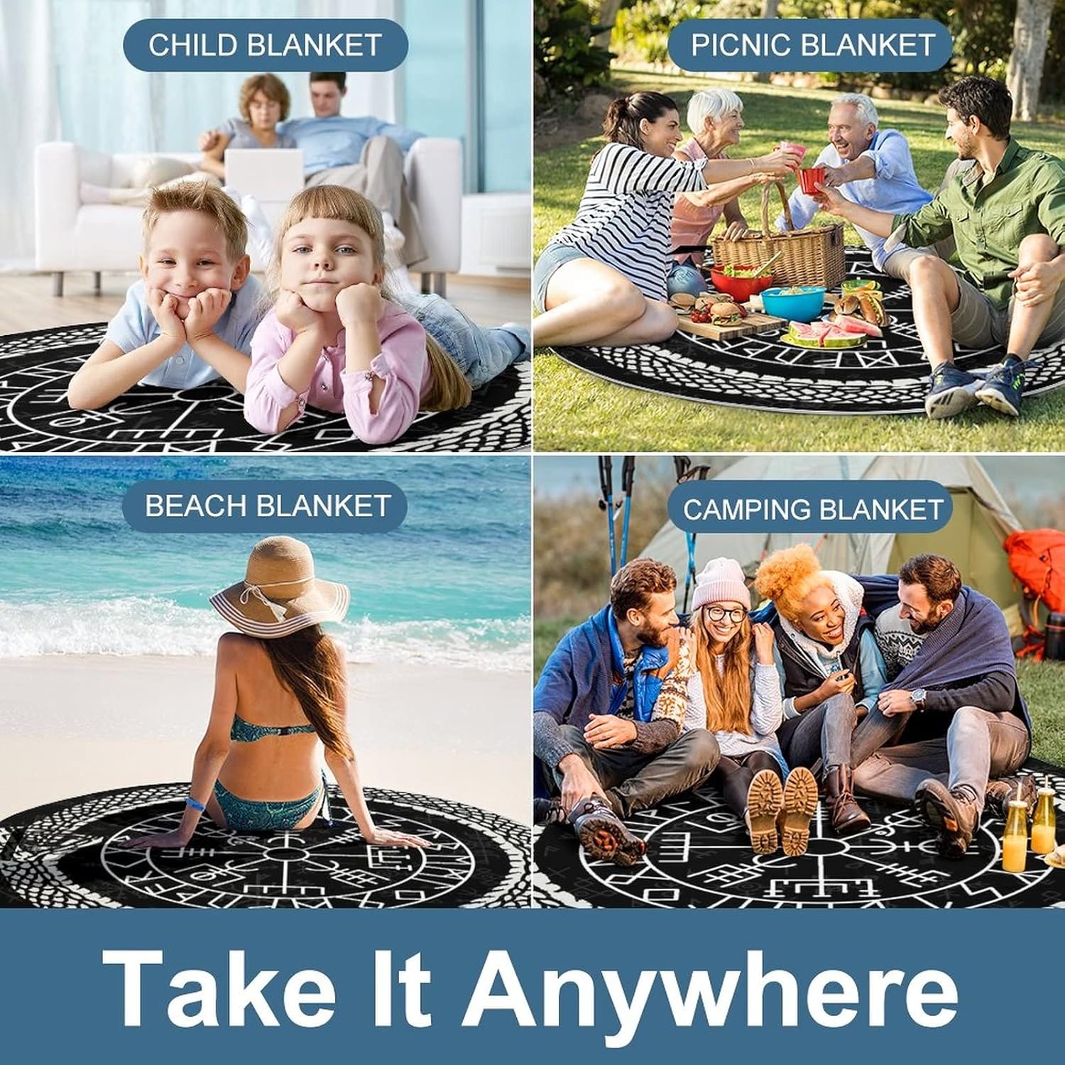 NOKTAI Round Portable Outdoor Picnic Blankets Beach Mat, Norse Viking Mythology Totem for Spring Summer Camping, Beach, Park, Patio On Grass (Color : Jormungandr C, Size : 148 x 148CM)