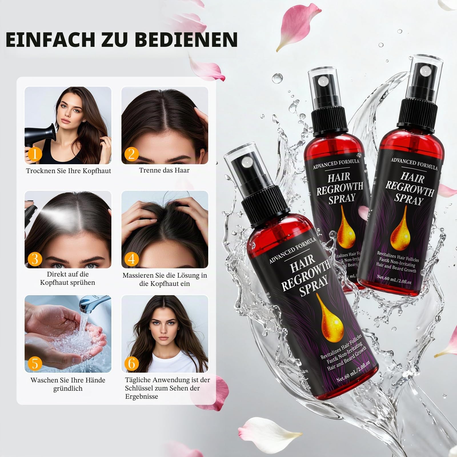 Hair Growth Serum Spray 3×60ml – Rosmarinöl, Rizinusöl & Biotin | Haarserum gegen Haarausfall für Männer & Frauen | Bartwuchs Beschleunigen | Natürliche Kopfhaut Haarpflege Set