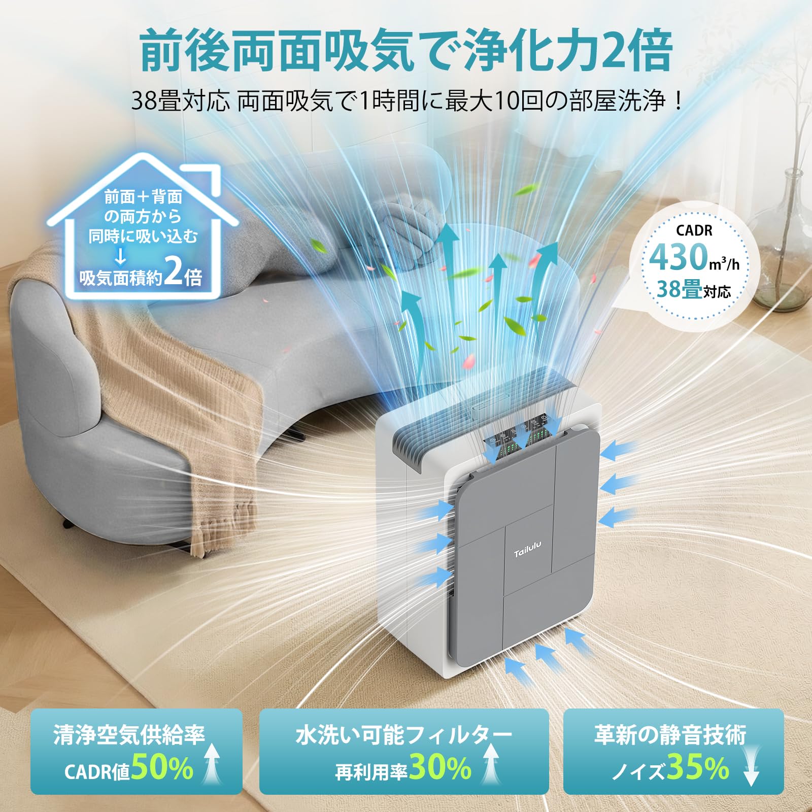 Amazon.co.jp: 空気清浄機 38畳【令和8年新登場・前後両面吸込で浄化力