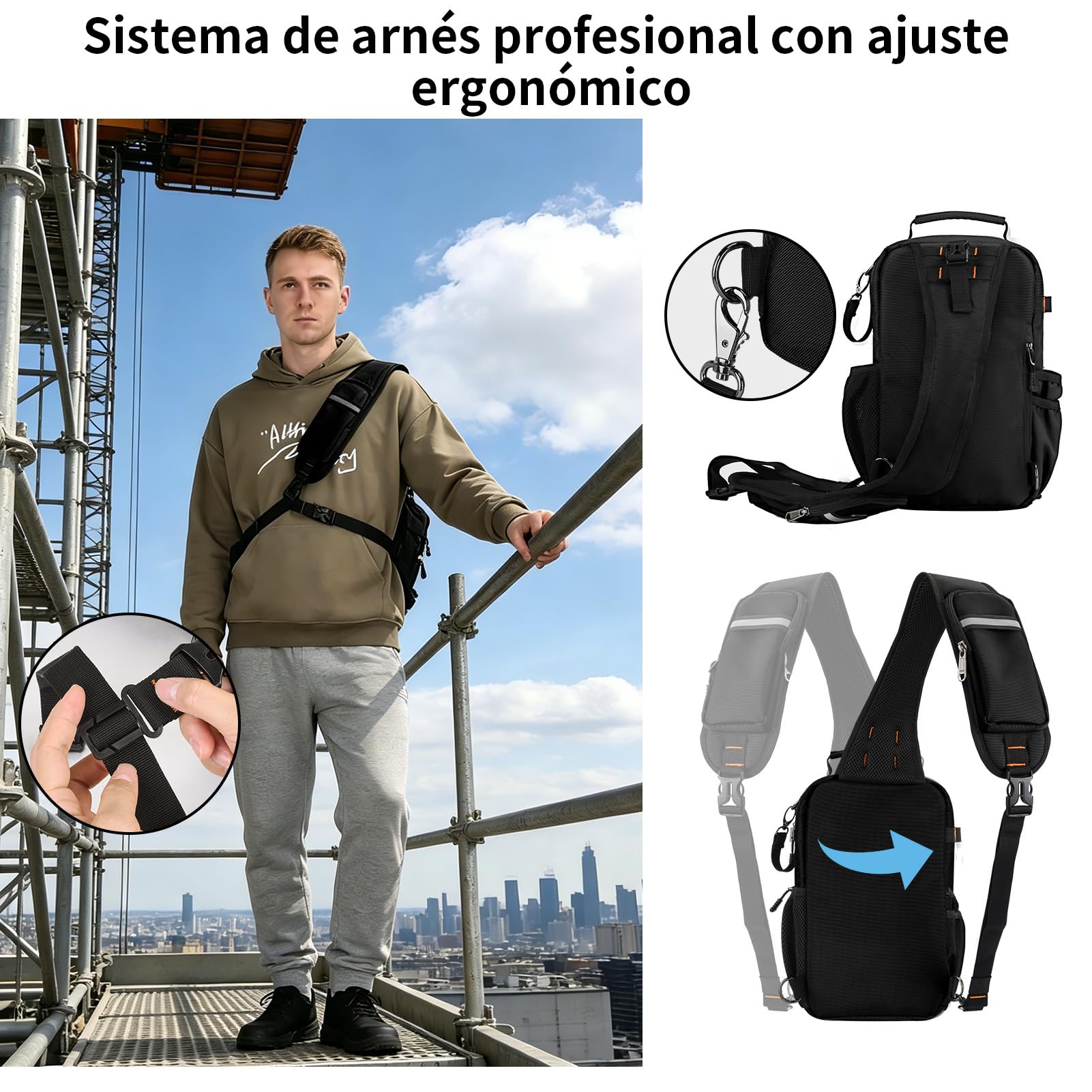 Bolsa de herramientas de pecho para electricista con correa Negro