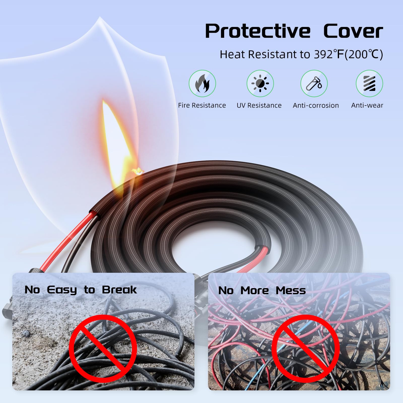 Cable de extensión de panel solar de doble cable de 30 pies, cable fotovoltaico de calibre 12 con conectores impermeables IP68 hembra y macho, funda protectora ignífuga y tapas antipolvo para el
