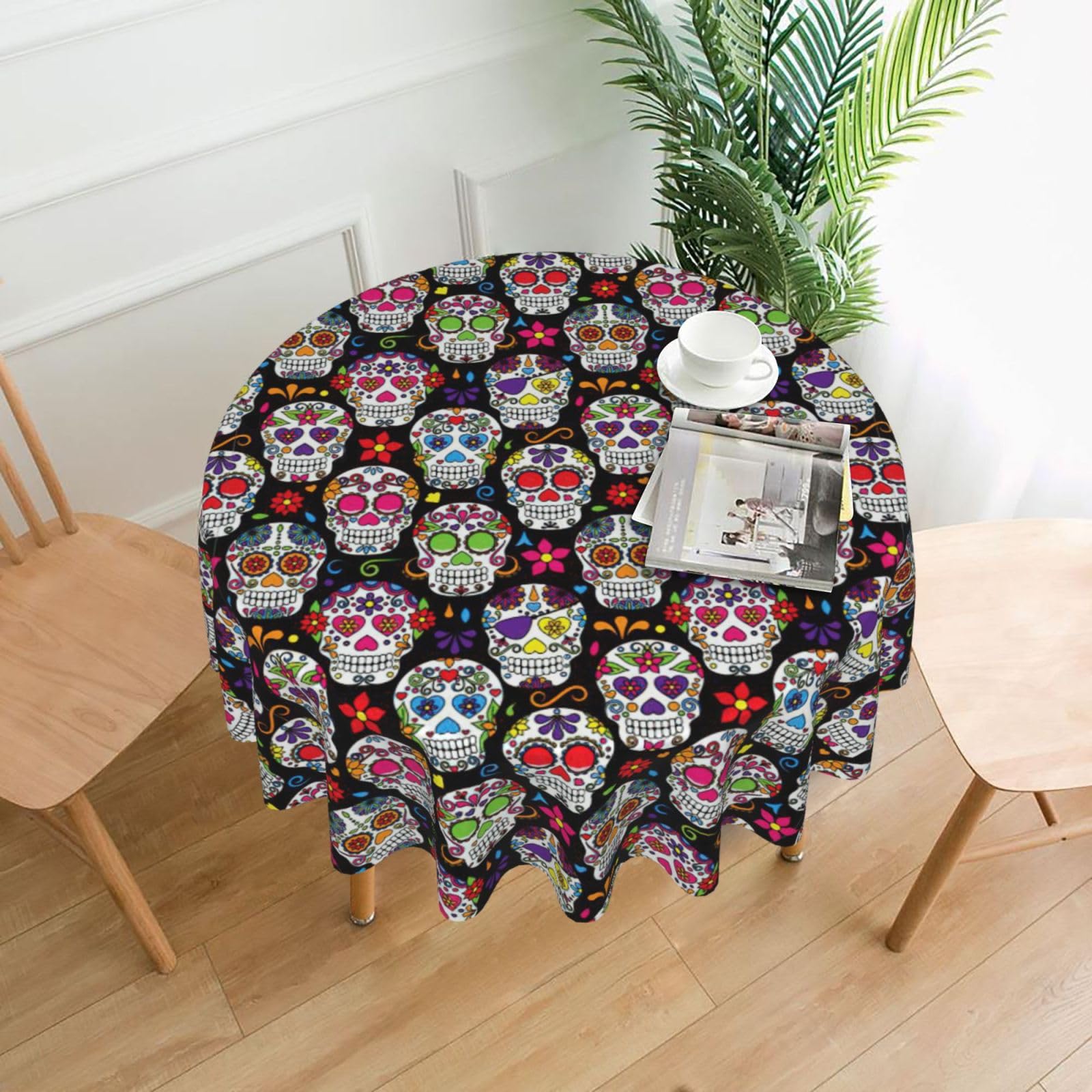 SDEGTHO Colorful Flower Skulls Print Boho Round Tablecloth 60in Vintage Polyester Cover for Wedding Party Thanksgiving