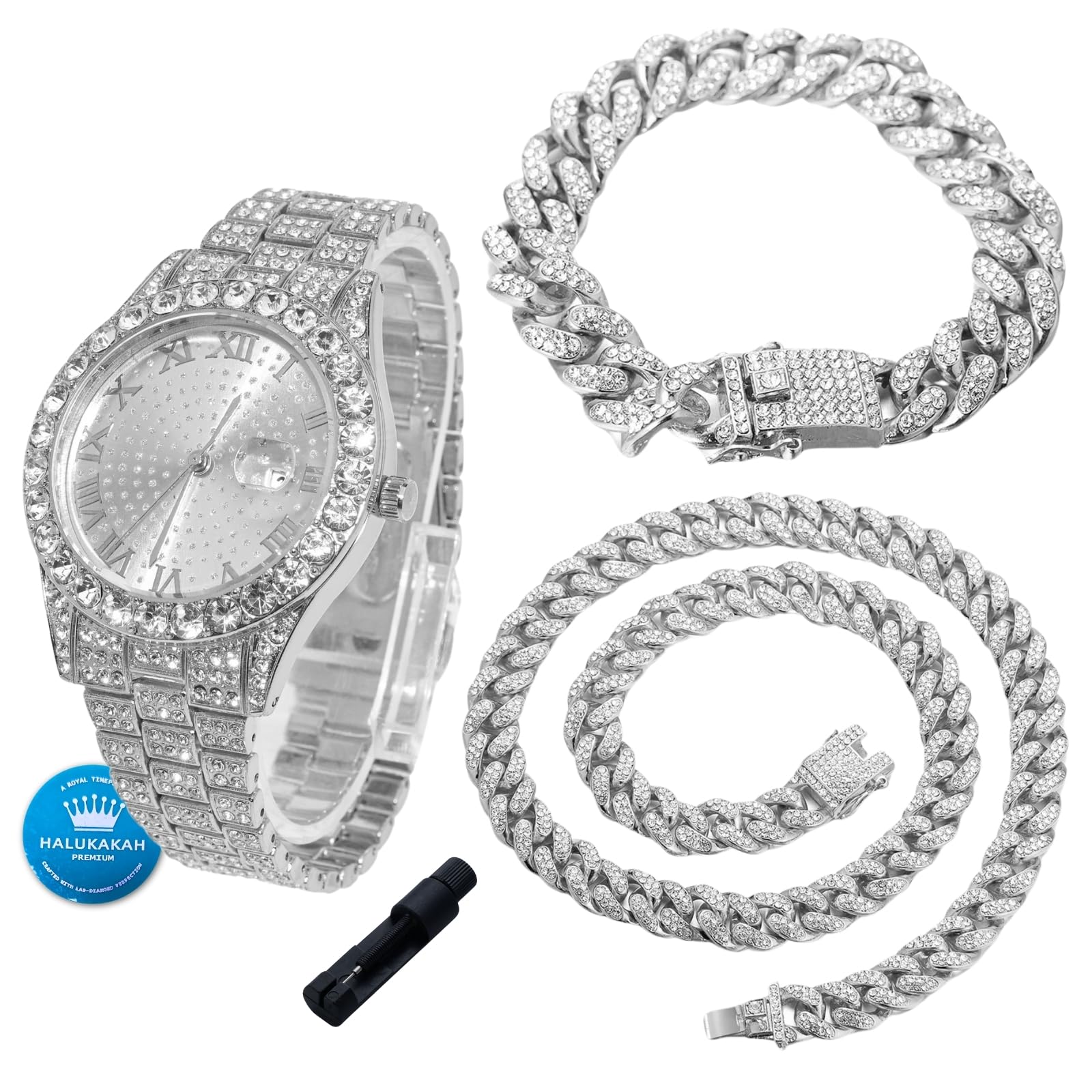 Halukakah Diamanten Gold Uhr Iced Out für Jungen - 18K Echtgold/Platin Platiniert,42mm Rundes Zifferblatt,Japanisches Quarzwerk - 20cm - Optional mit Cuban Gliederkette,mit Anpassungswerkzeug