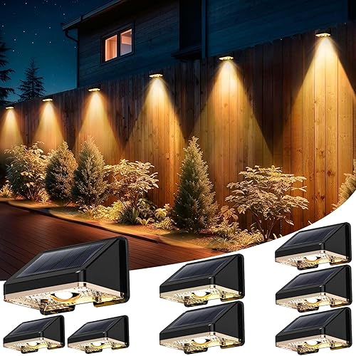 Solar Fence Lights Outdoor 8-Pack | IP67 Waterproof Wall Lights | Dusk to Dawn Auto-On/Off, Easy to Install | Decorative Solar Lights for Deck, Patio, Yard, Step, Garage, Pool (Warm White)