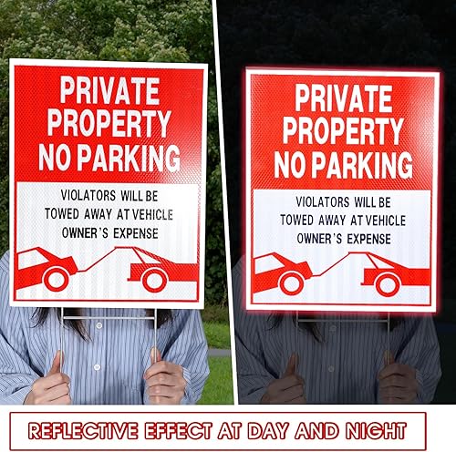 Miniatura 4 de Zonon 6 carteles reflectantes de no estacionamiento, propiedad privada con estaca de metal H de 15 x 12 pulgadas, de doble cara, violadores de