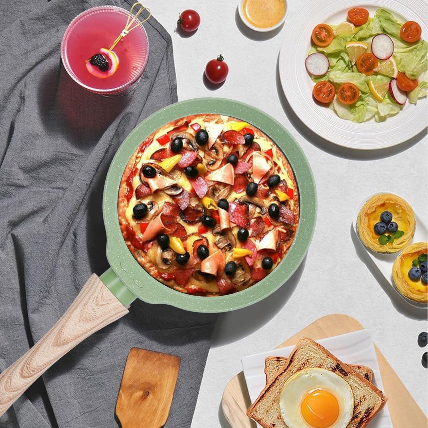 Nonstick Frying Pan Anti Scratch, Egg Frying Pan with Wooden Stay Cool Handle, Induction Compatible (Green L Size)