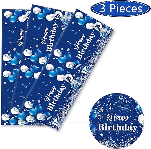 Miniatura 4 de 3 manteles de cumpleaños de color azul marino y plata para decoración de fiesta de feliz cumpleaños, desechables, de plástico, para niños, niñas,