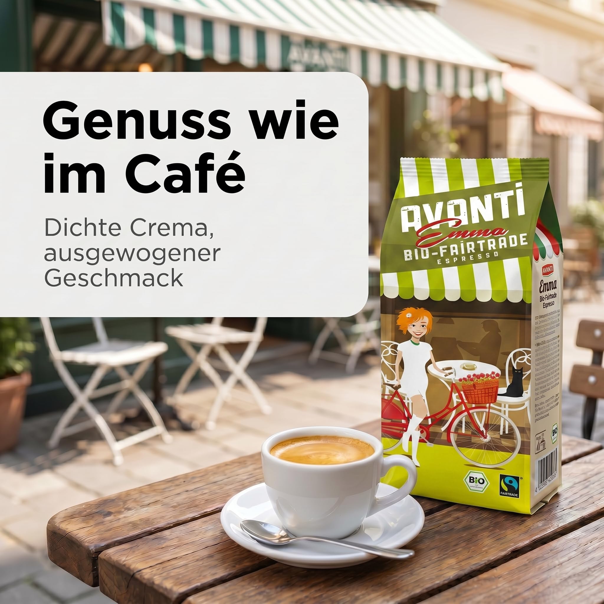 4 x AVANTI Emma Kaffeebohnen, Fairtrade Espresso, ganze Bohnen 500 g, 80% Arabica 20% Robusta, säurearme Langzeit-Trommelröstung (mitteldunkel), Schweizer Röstung und Abfüllung