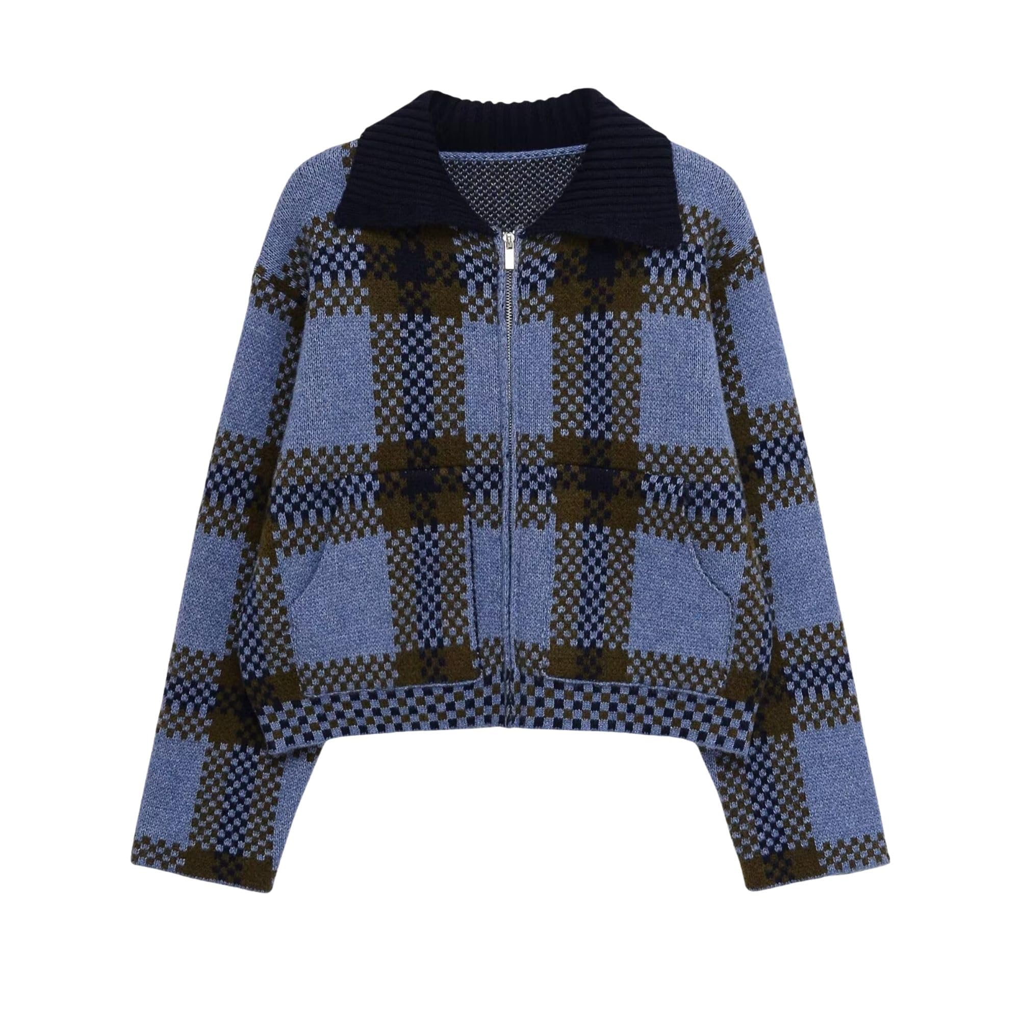Chevara Womens Checkered Cardigan Sweater Vintage Lapel Collar Long Sleeve Zip Up Knit Sweatshirt Jacket