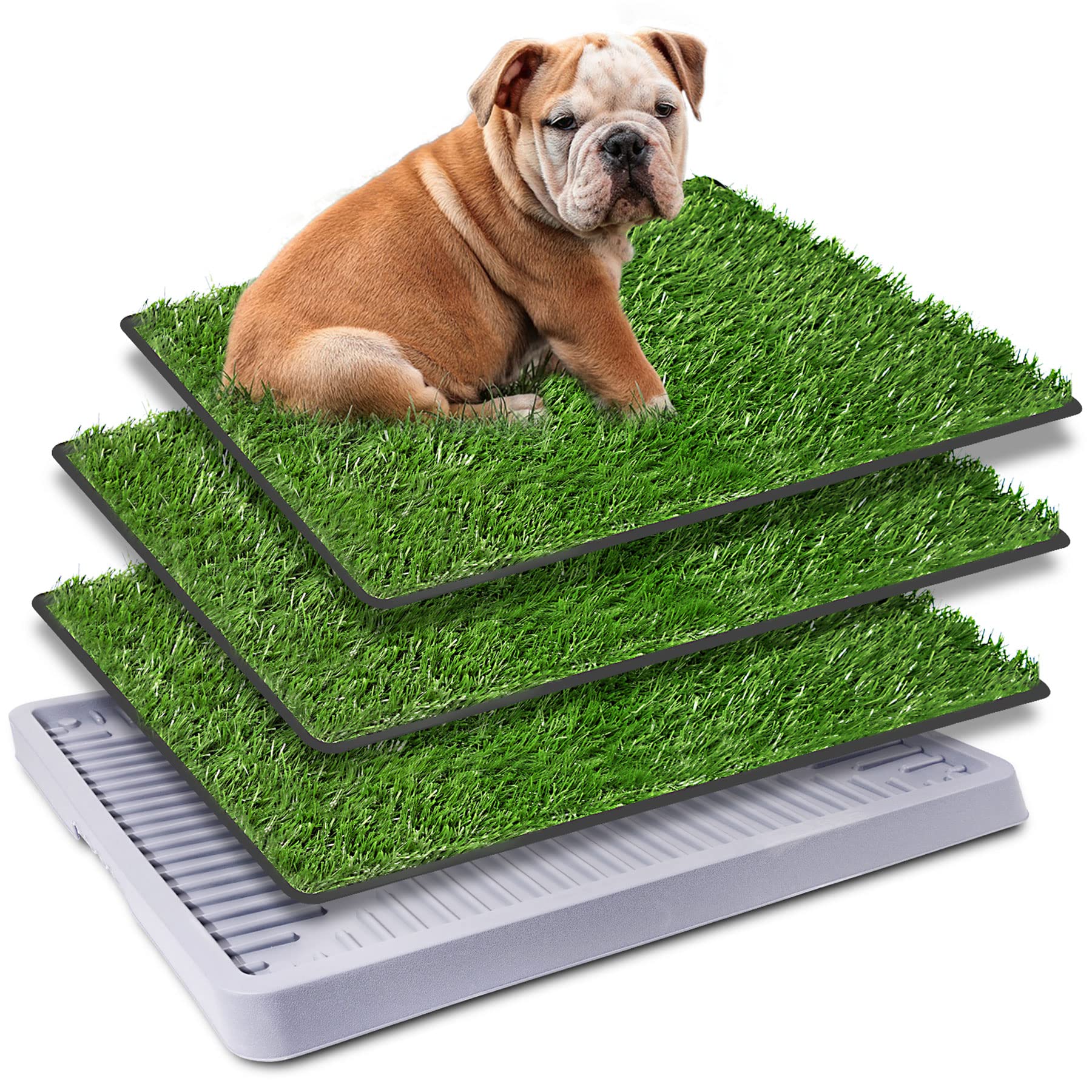 Dog Potty for Indoor or Porch for Large Dog, 3 Pcs Artificial Grass Training Pads with Pee Baffle, Reusable Dog Grass Pad with Tray for Dogs to Pee on, Large Dog Turf Pee Pad (20 * 25 in)