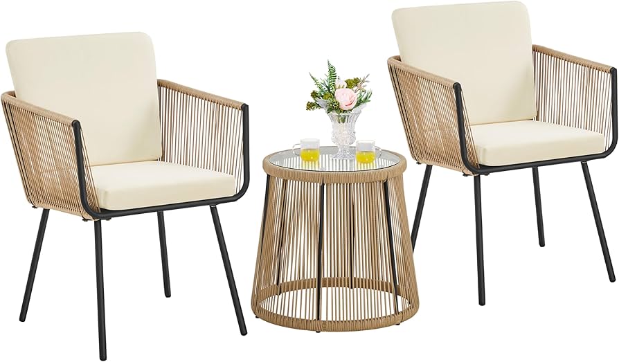 Topeakmart 3 Piece Patio Bistro Set, Outdoor All-Weather Conversation Set w/ 2 Wide Ergonomic Chairs, Cushions & Glass Top Table for Porch, Backyard, Balcony, Garden, Tan/Cream