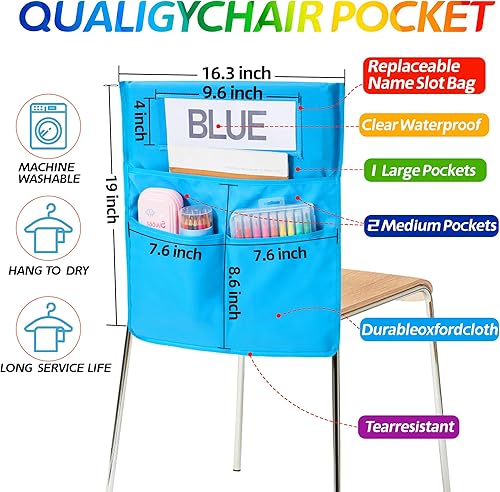 Miniatura 10 de Chairback Buddy - Tabla de bolsillo, bolsillos para silla de aula con 3 bolsillos y 1 etiqueta de nombre de estudiante, organizador de bolsillos