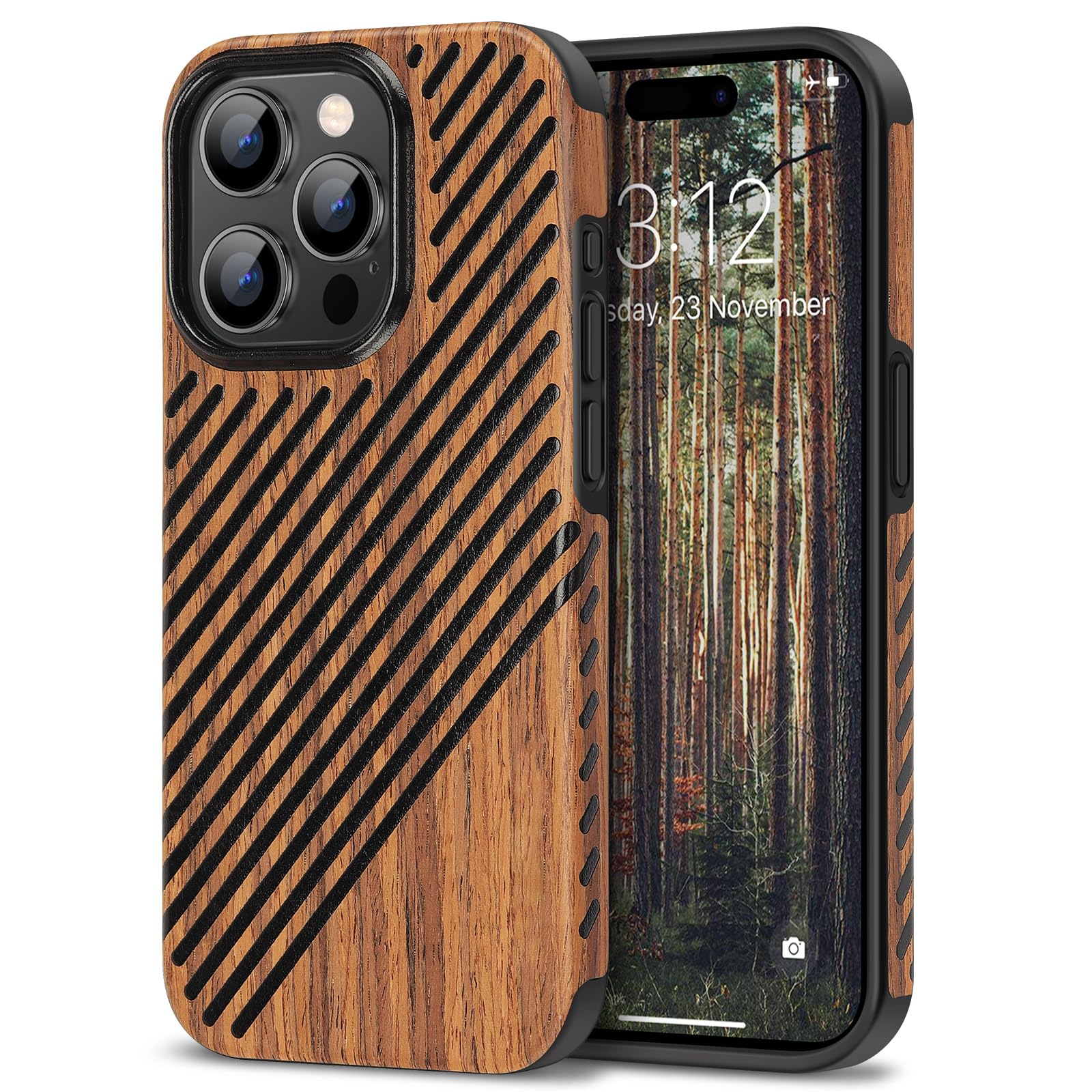Coque iPhone 15 Pro Max etui bois cuir noir antichoc - 8