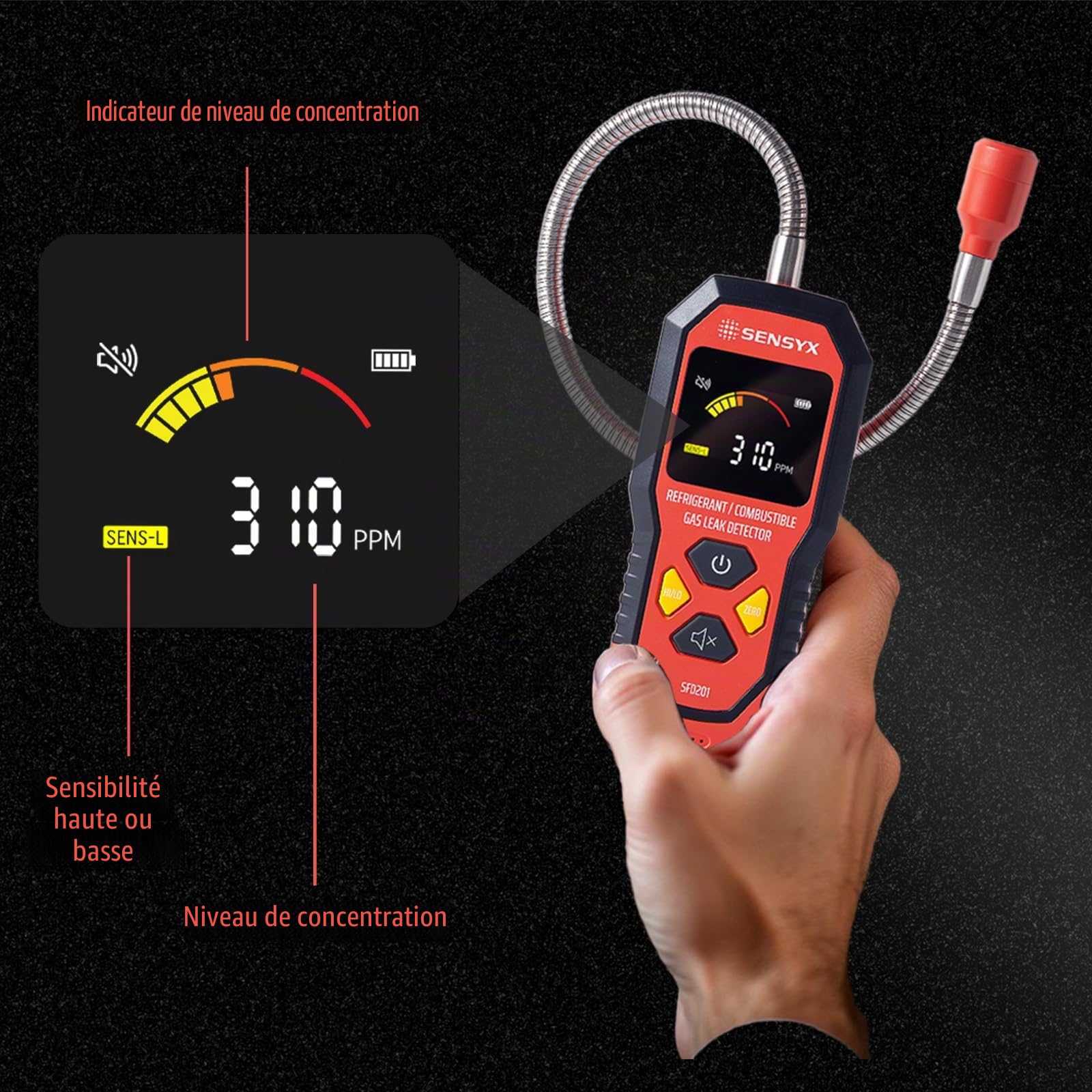 Détecteur de fuite de gaz réfrigérant et combustible 2 en 1 rechargeable HVAC, renifleur de fréon halogène, détection de climatisation, détecteur de gaz automobile (SFD201 Détecteur de gaz