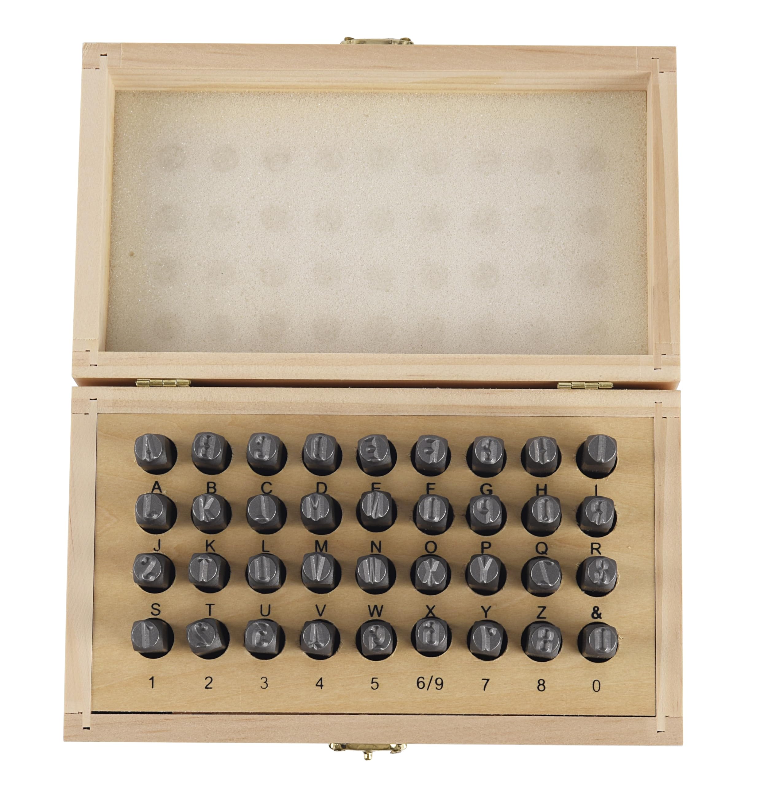 HimaPro Juego de sellos de letras y números de 5/16 pulgadas de 8 mm, 36 piezas de sellos de metal de aleación de acero 40Cr con números y letras en una caja de madera
