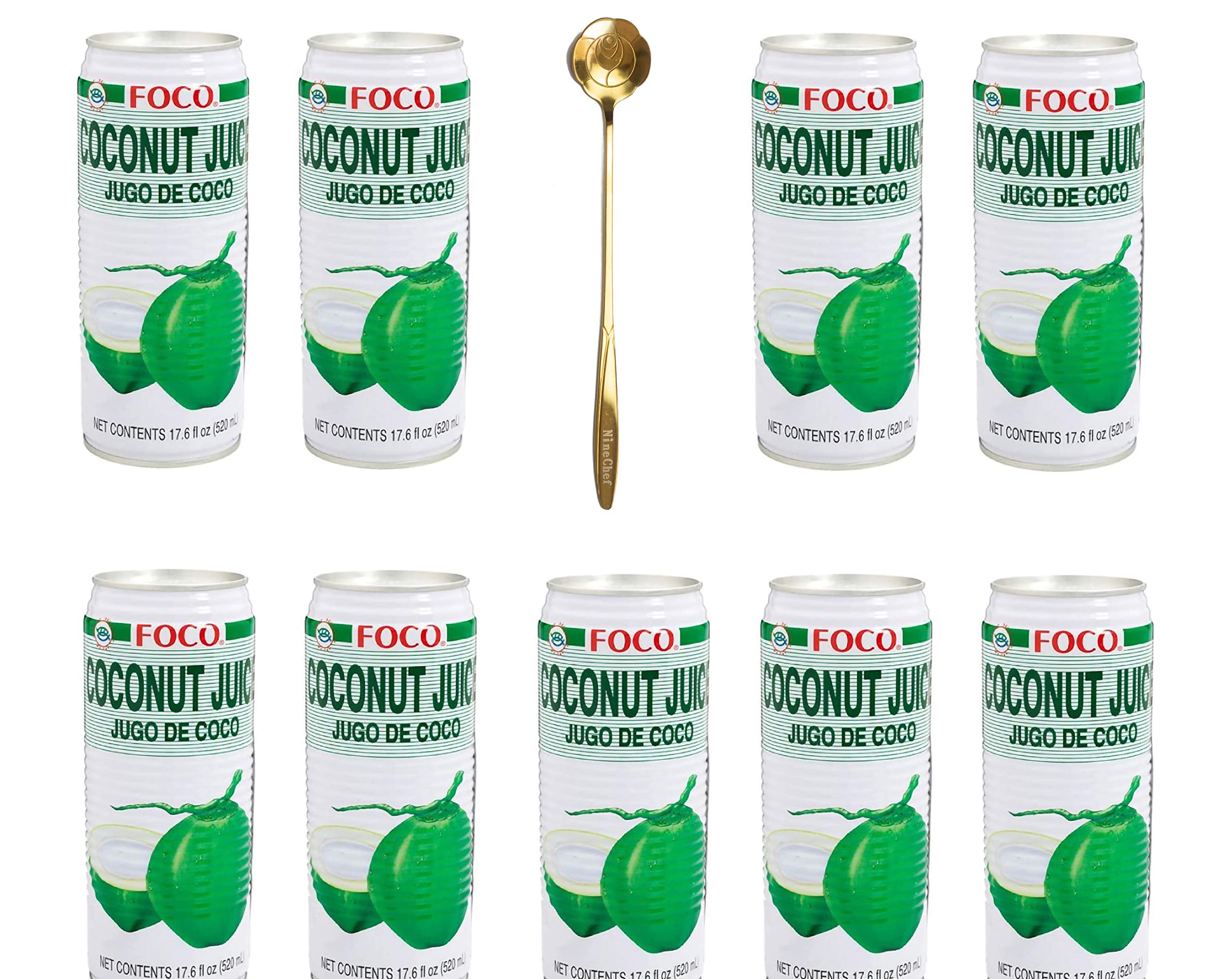 NineChef FOCO Coconut Juice, Tall Can (Pack of 9) plus Brand Juice Spoon, 17.6 fl oz, 520ml