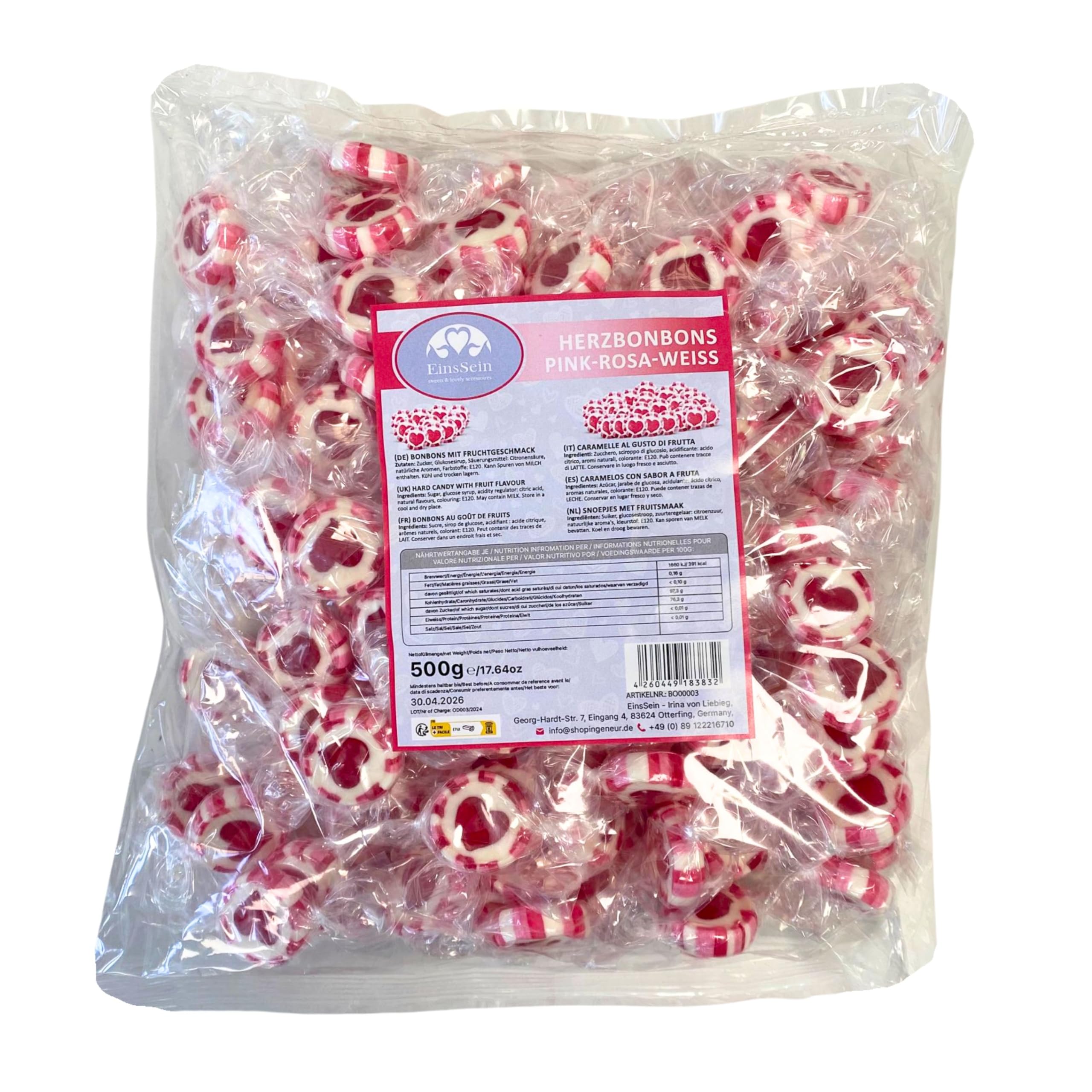 EinsSein Herzbonbons pink-rosa-weiß 500g | Handgemachte Rocks Bonbons Herz | Süßigkeiten & Gastgeschenke für Hochzeit Taufe Valentinstag Muttertag Kommunion | Essbare Tischdeko Großpackung