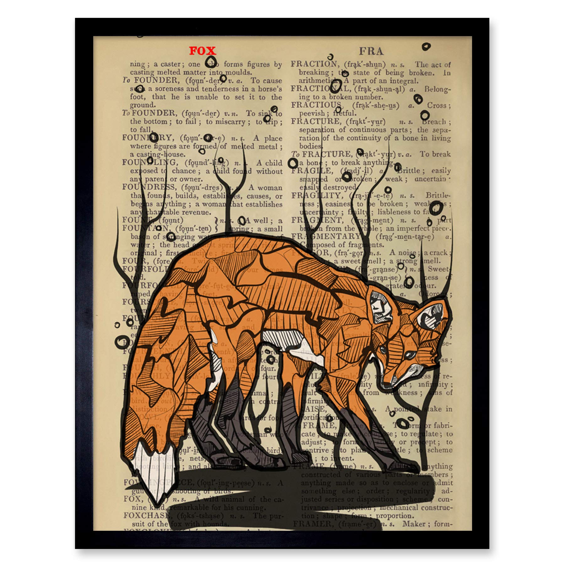 Wee Blue Coo Upcycle Dictionary Fox Art Print Framed Poster Wall Decor 12x16 inch