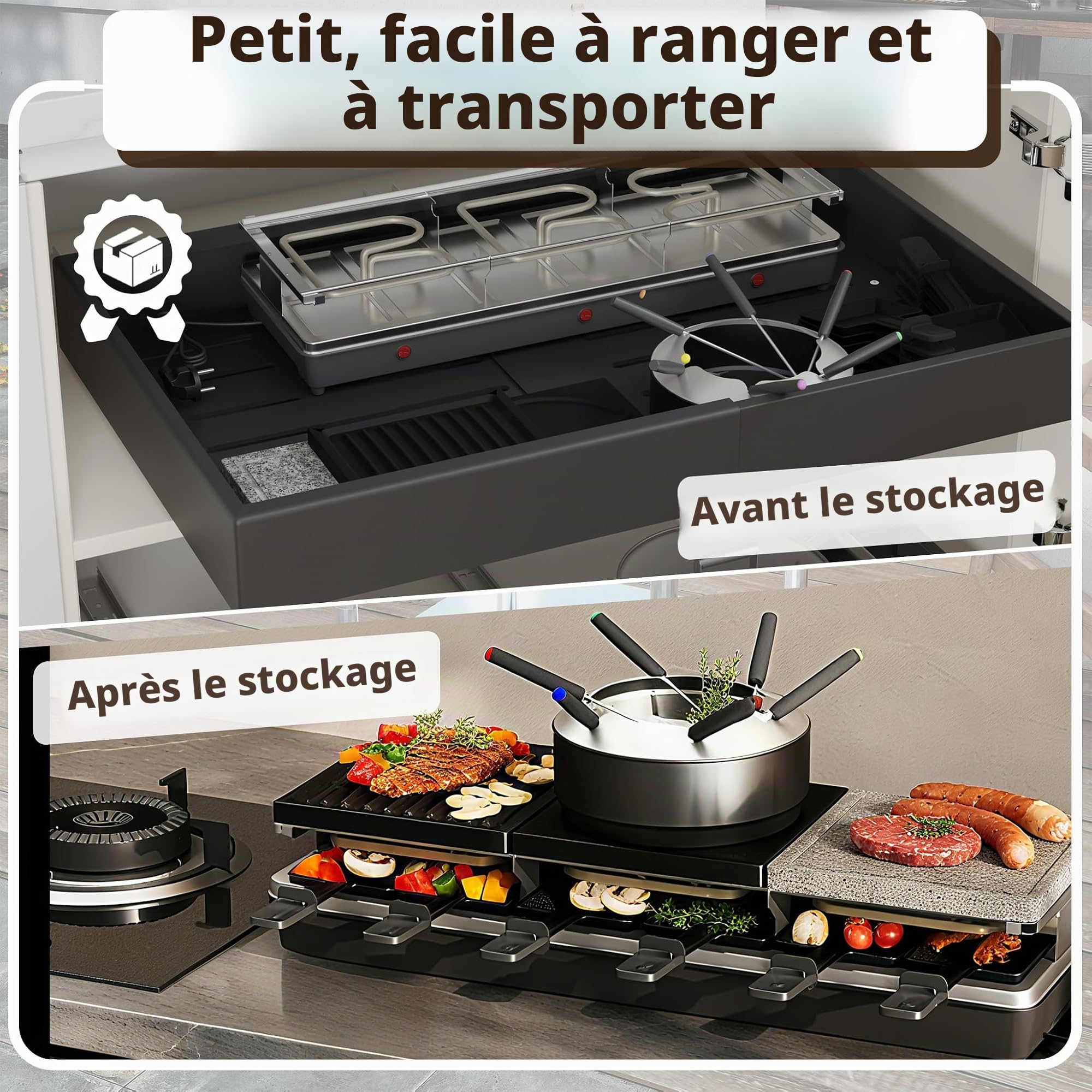UISEBRT Raclette Grill pour 12 Personnes, Appareil à Raclette 3 en 1 avec Caquelons, Set de Fondue, Pierre Chaude, 12 Caquelons et 12 Spatules en Bois, Grill à Raclette avec Plaque de Cuisson