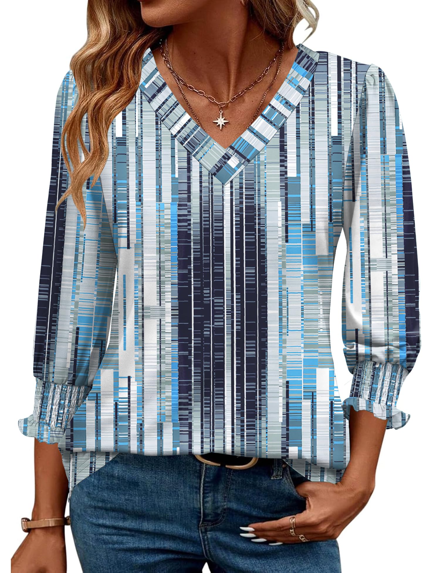 Rapbin 3/4 Length Sleeve Womens Tops Summer Trendy Puff-Sleeve V-Neck Blouses Dressy Casual Textured Smocked T-Shirt