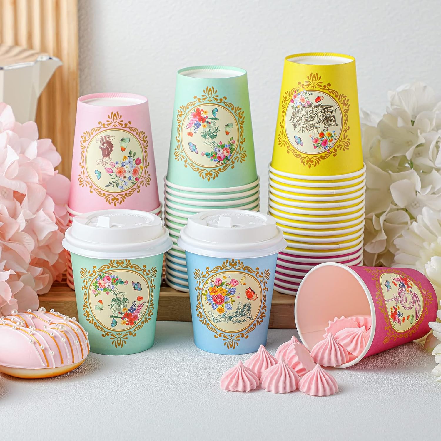 Karenhi 36 Pack 9 oz Floral Paper Cups Bridal Shower Vintage Tea Cup Wedding Disposable Coffee Mugs with Lids for Women Girls Tea Party Decorations Baby Shower(Romantic) - Image 4