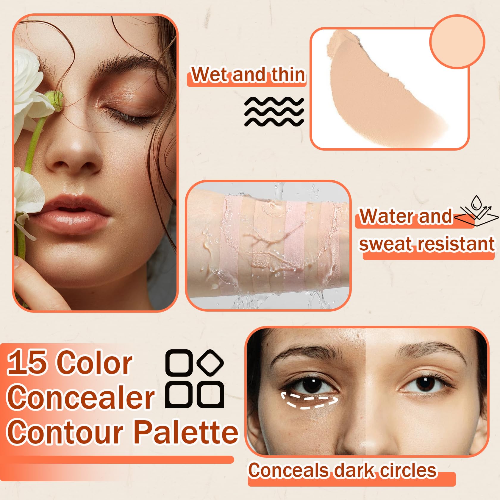 Paleta de corrector de 15 colores con pincel, paletas de corrector de colores de larga duración, crema hidratante de contorno de maquillaje 3