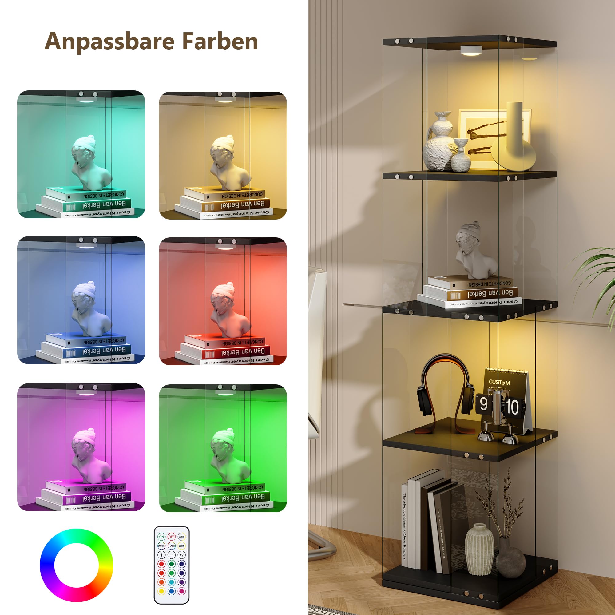 Vetrina girevole in vetro con illuminazione a LED, girevole a 360°, per statuette, giocattoli, vino, libri, 38 x 38 x 160 cm