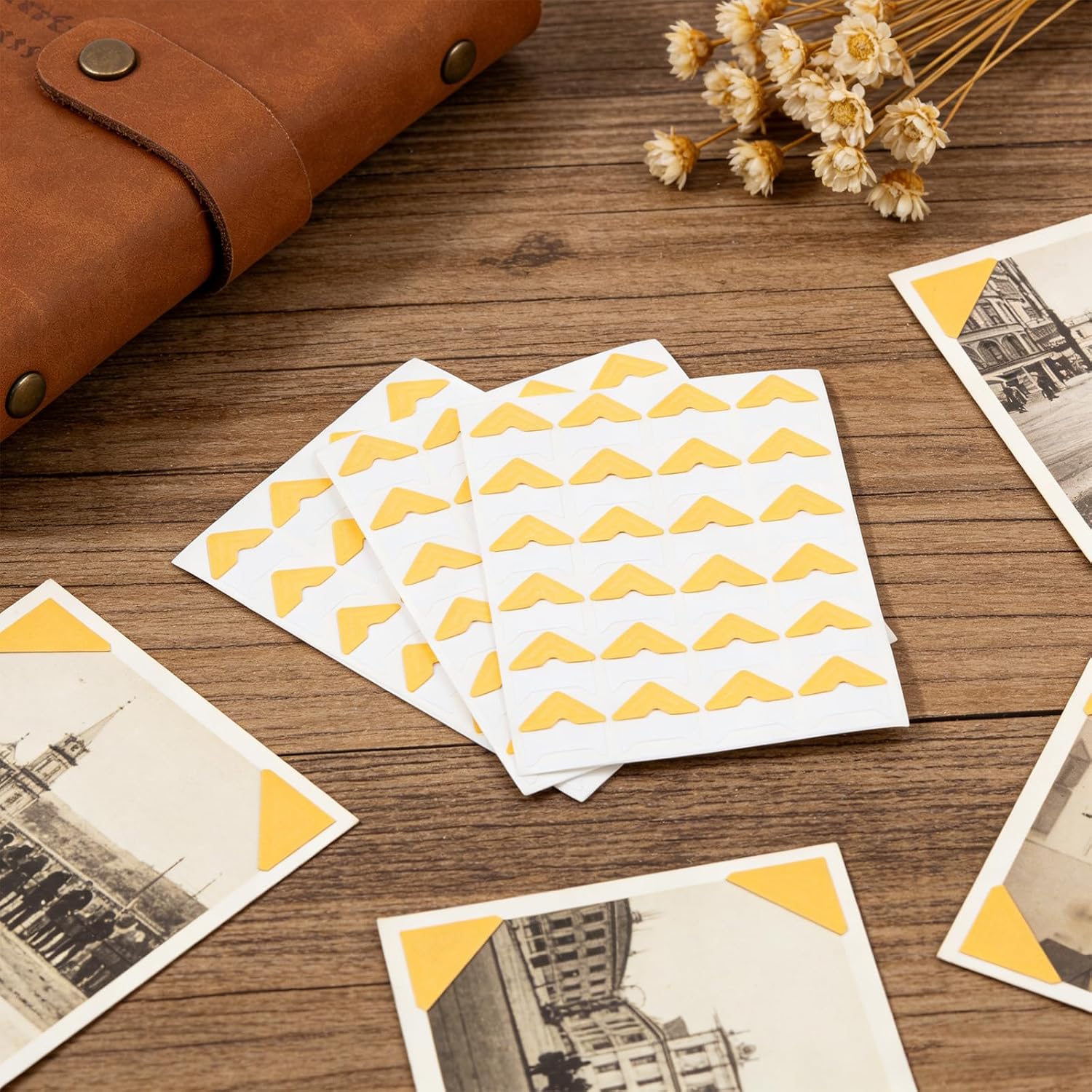 TIVTHINE 240 Pcs Gold Photo Corners for Scrapbooking, DIY Journal Craft | 240 gold photo corners on 10 sheets with peel-and-stick design, for scrapbooks, photo albums and wedding handmade projects.