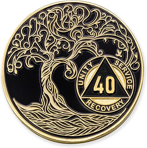 40 Year Sobriety Mint Twisted Tree of Life Medallón de recuperación AA chapado en oro, chipficha - negro