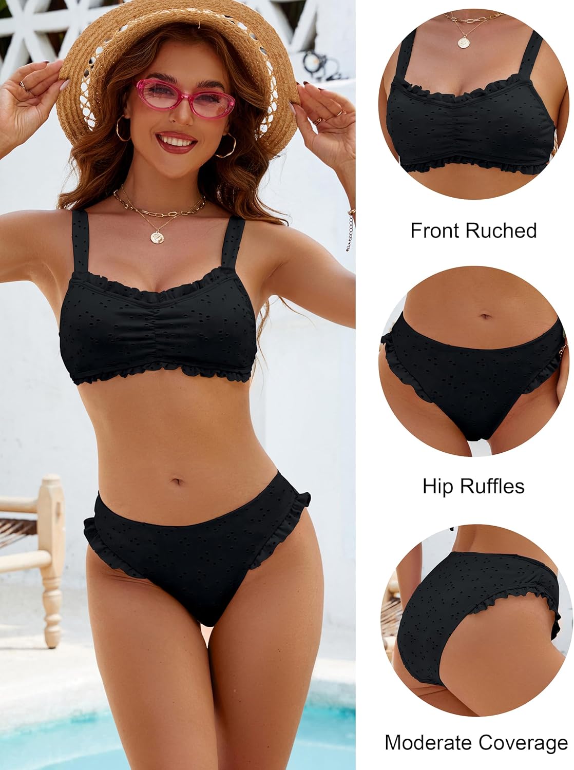 Blooming Jelly Womens Bikini Set Two Piece Ruffle Bandeau Bathing Suits Cheeky High Cut Cute Eyelet Swimsuit - Image 5