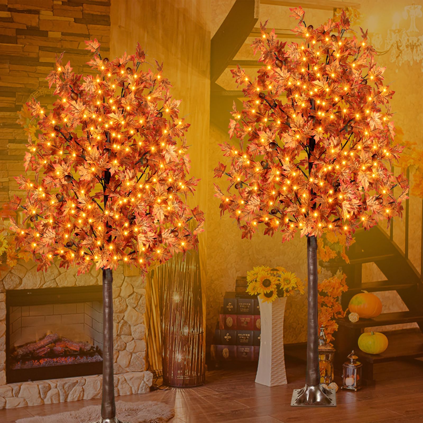 Confezione da 2 alberi di acero artificiali illuminati da 170 LED, decorazione per il Ringraziamento, con 17 rami, 17 ghiande e 340 foglie, telecomando 8 modalità, temporizzazione, CC 5 V, sicuro per
