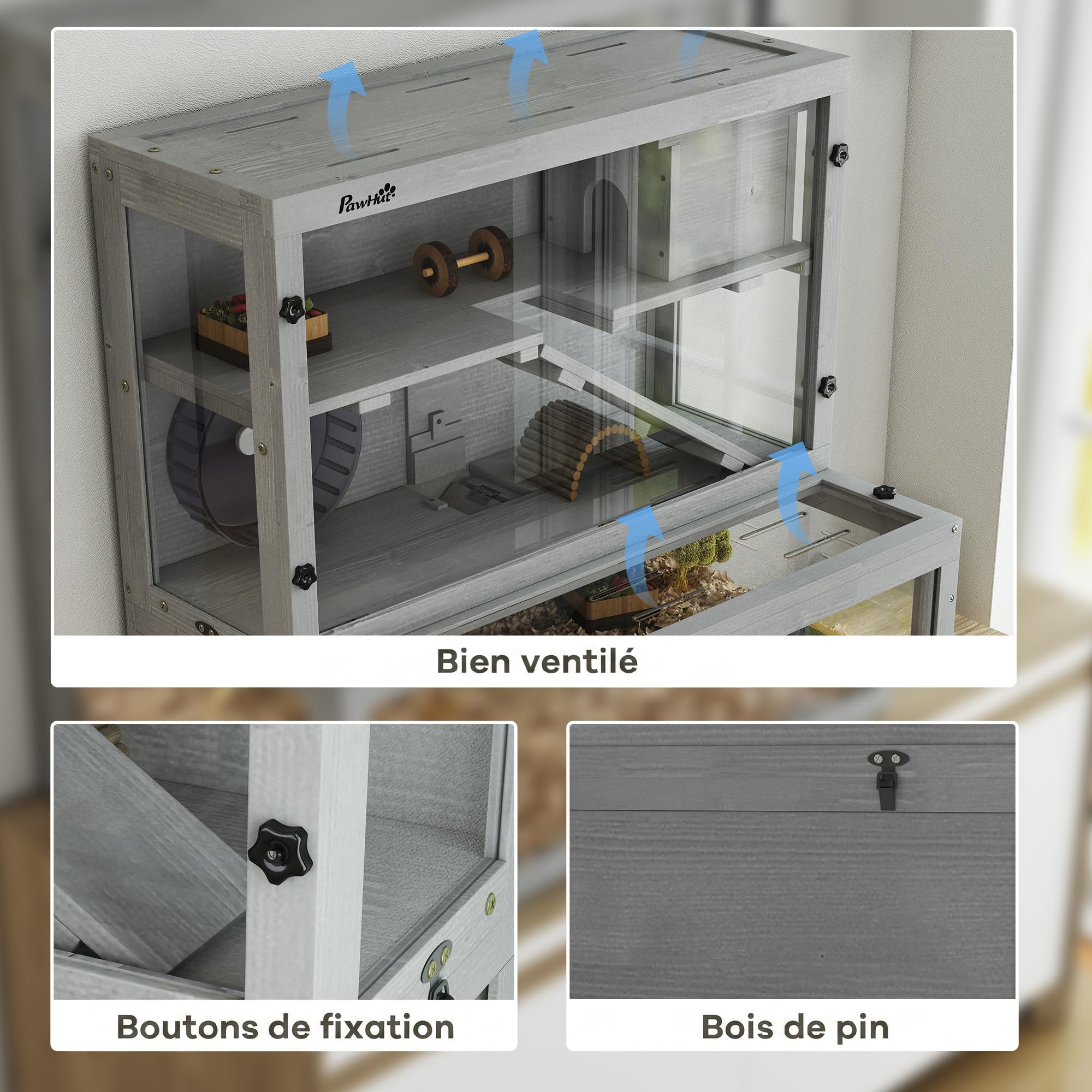 PawHut - Jaula de hámster de madera de 3 niveles con cabaña, rueda 80 x 50 x 84 cm, color gris | Jaula roedor, Rampas, Panel transparente, Espacios separados, para hámsters enanos, Gerbolitas