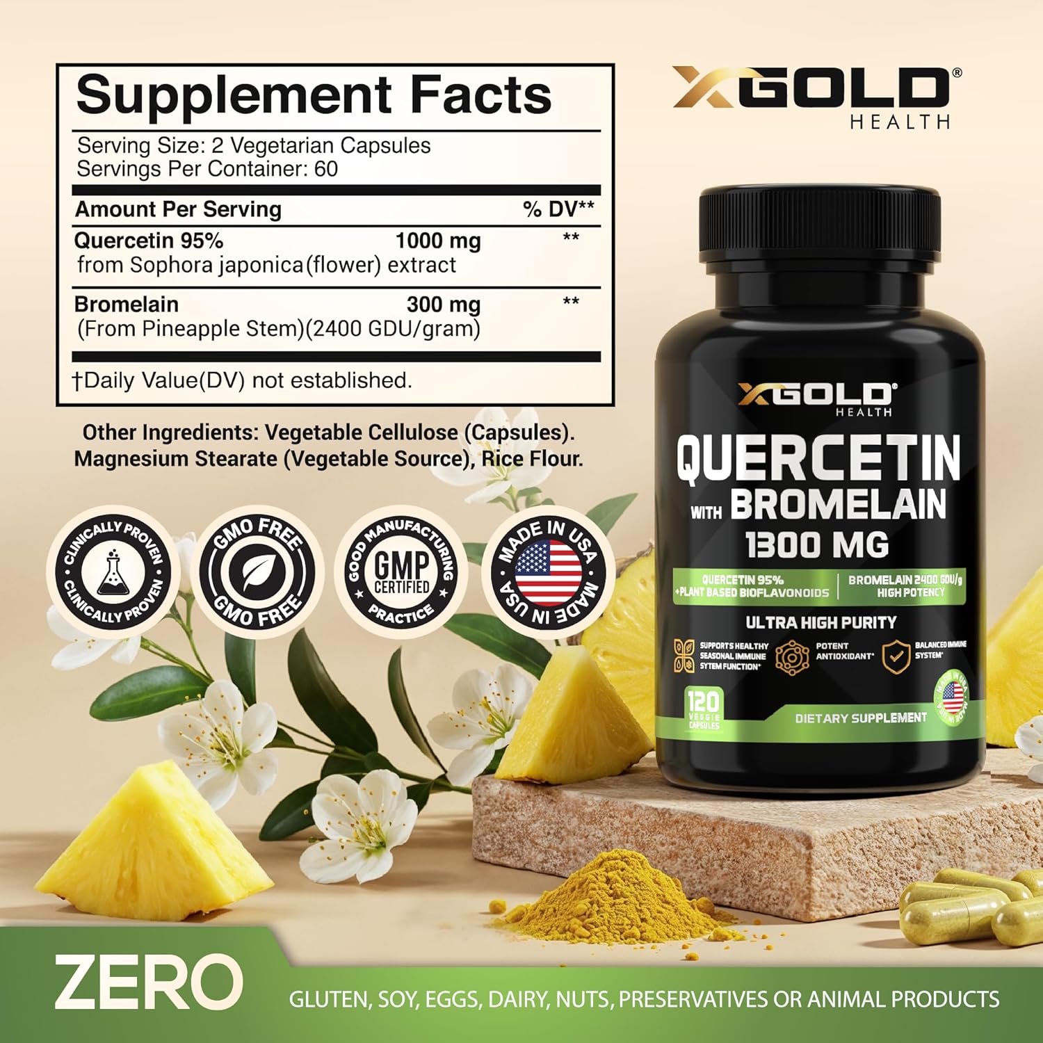 Micronized Quercetin + Bromelain 1,300mg Quercetin: 95% - Highly Purified and Highly Bioavailable Plus Bromelain 2,400 GDU/g - Made in USA | 120 Capsules