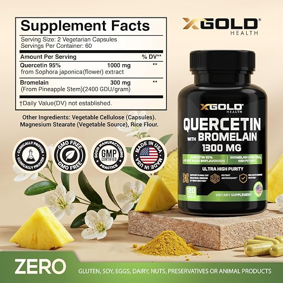 Quercetin + Bromelain 1,300mg Quercetin: 95% - Highly Purified and Highly Bioavailable Plus Bromelain 2,400 GDU/g - Made in USA | 120 Capsules