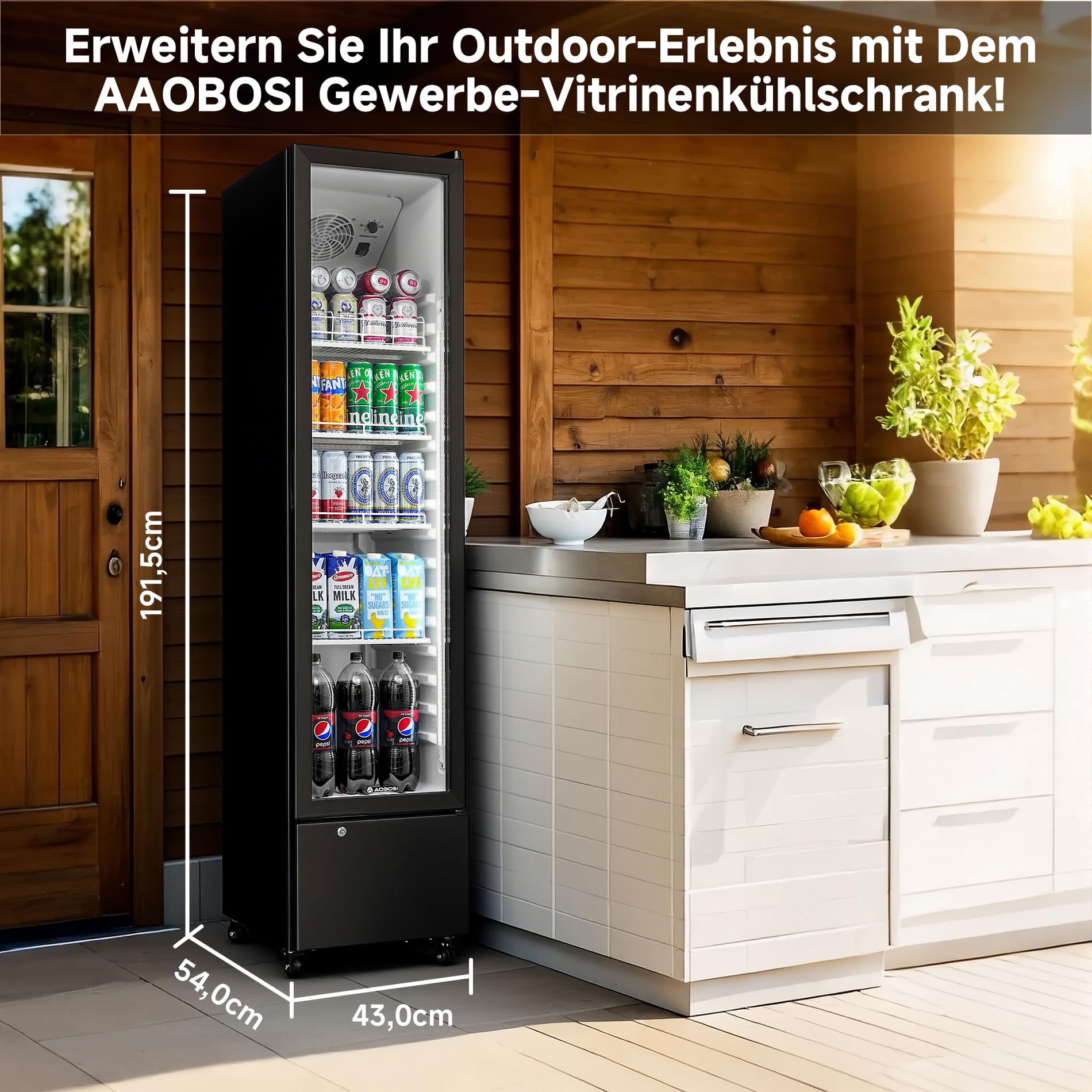 AAOBOSI 230L Getränkekühlschrank mit Glastür| 4 Höhenverstellbare Ablagen| Flaschenkühlschrank mit LED-Beleuchtung| Umluftkühlung| Automatische Abtauun| Abschließbar| für Gastro, Bar, Keller