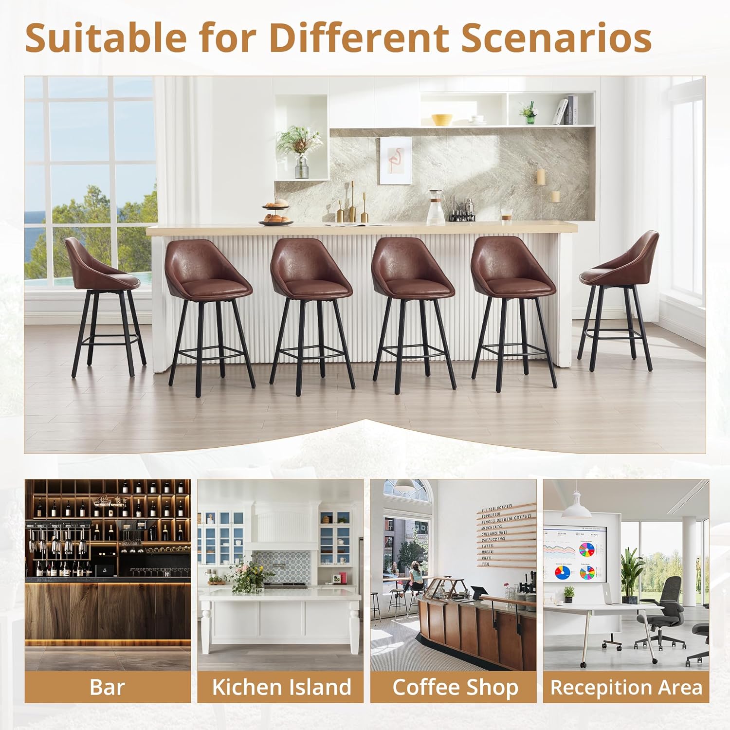 Swivel Bar Stools Set of 2, 26" Modern Counter Height Barstools with Back and Metal Legs, Upholstered Faux Leather Bar Chairs Island Stools for Kitchen Counter, Brown
