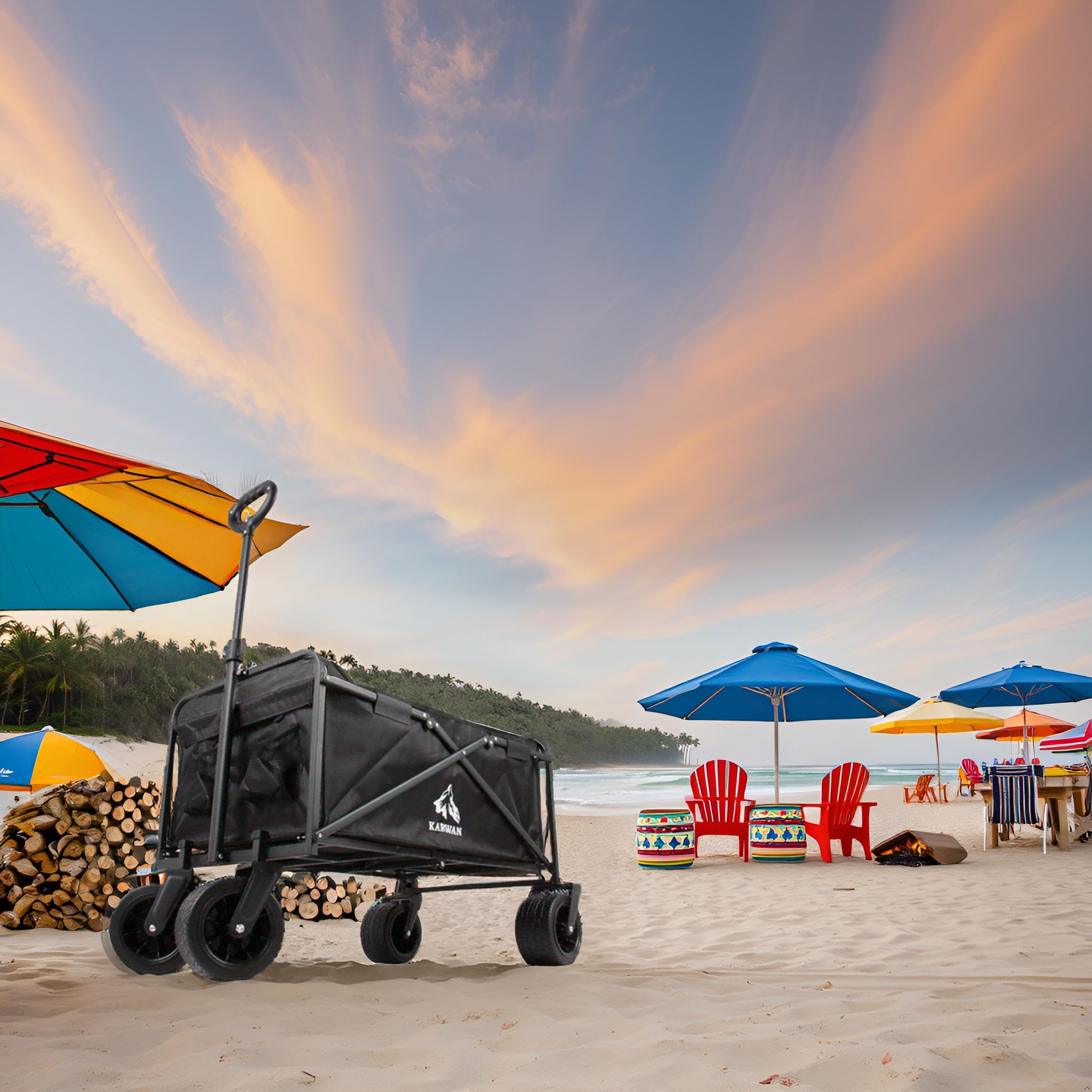 Chariot de Plage Pliable, Chariot de Jardin, Chariot de Transport à roulettes Tout Terrain,Roue Large, Poignée Réglable Charrette pour Extérieur Camping Pique-Nique BBQ Solide (Noir)