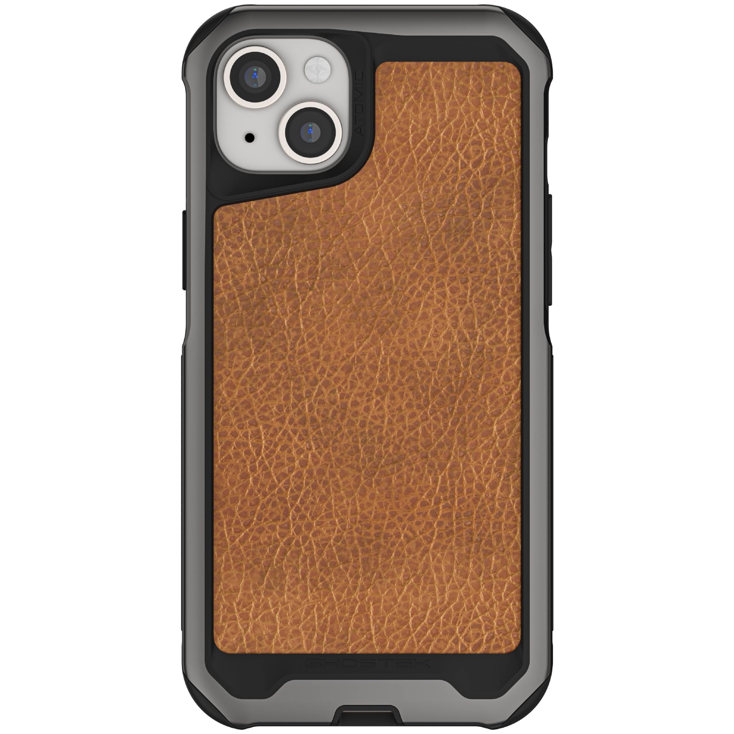 Ghostek Atomic Slim Case for iPhone 15 Plus, Compatible with MagSafe Accessories, Aluminum Frame, Shock Absorbent Phone Cover (6.7 Inch, Gunmetal with Brown Leather)