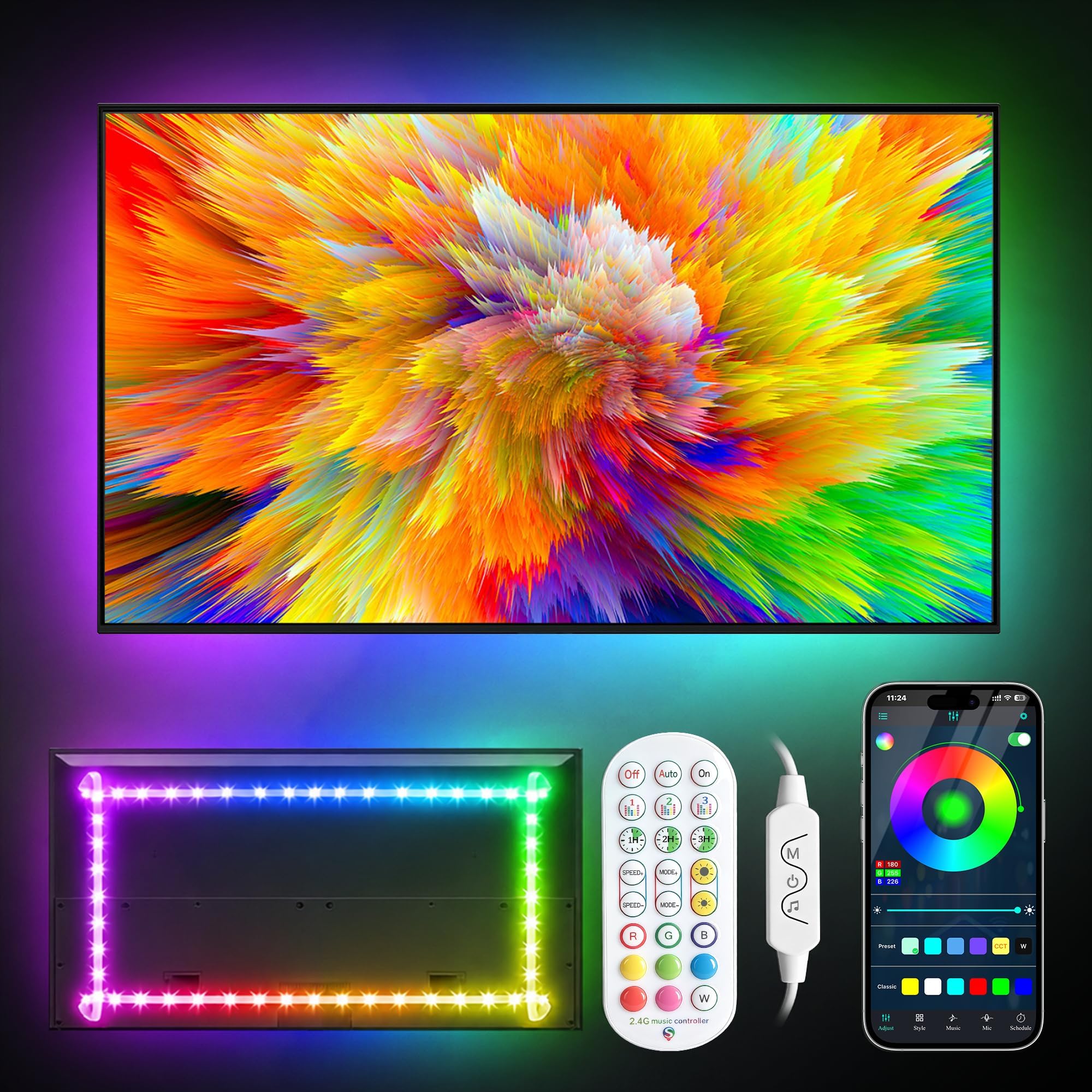 Daymeet TV Led Backlight, 16m ICRGB LED Lights for TV Smart TV Led Lights for 65-85 inch TV/Monitor, USB Led Lights Rear TV, TV Led Backlight Sync with Music, Bluetooth APP