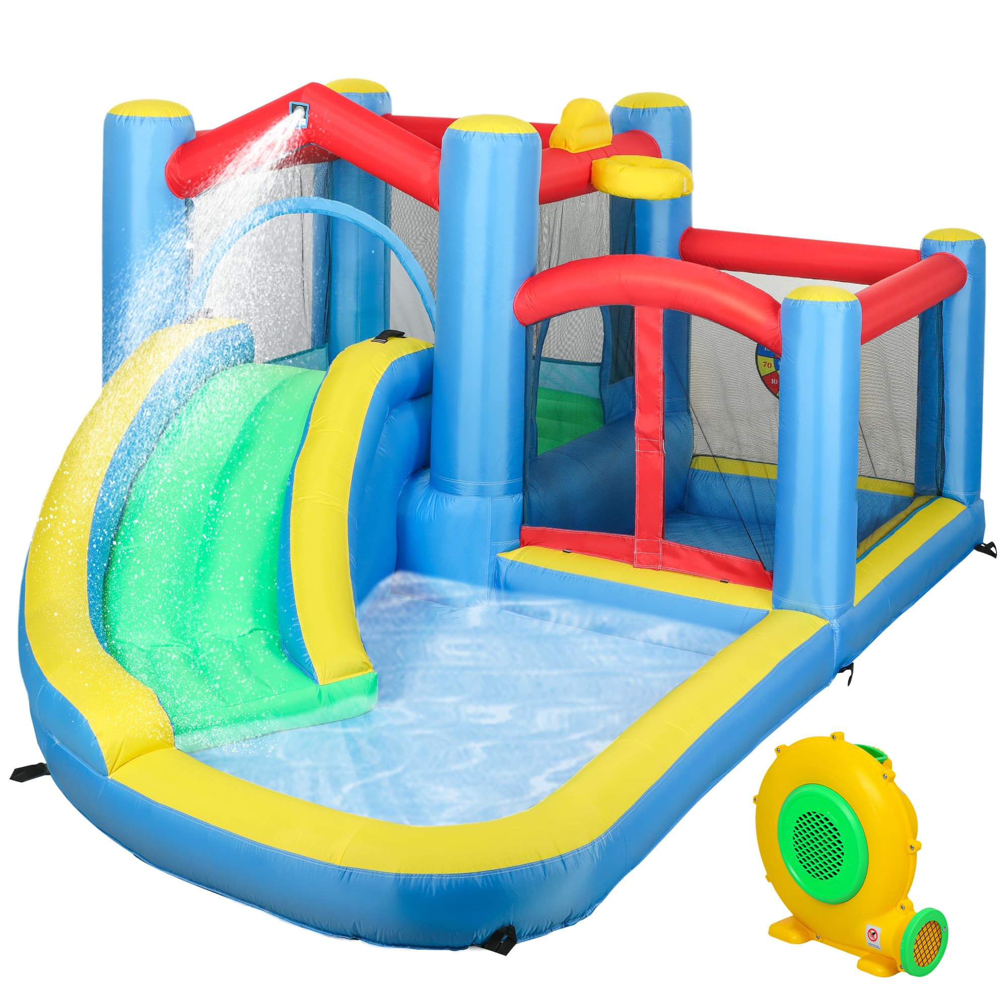 AIYAPLAY Castillo Hinchable con Soplador 5 en 1 Parque Acuático Hinchable para Niños con Tobogán Piscina Diana y Canasta para Exterior Interior 385x290x180 cm
