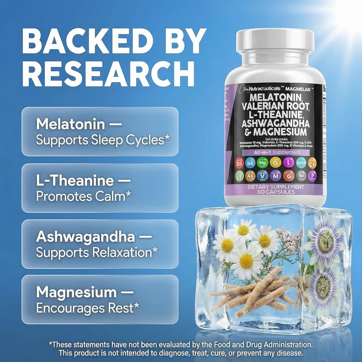 Clean Nutraceuticals Melatonin 10mg Valerian Root L Theanine 200mg Ashwagandha - Sleep Support for Women & Men with Magnesium Complex, Lemon Balm, Chamomile, & Passion Flower - 60 Caps