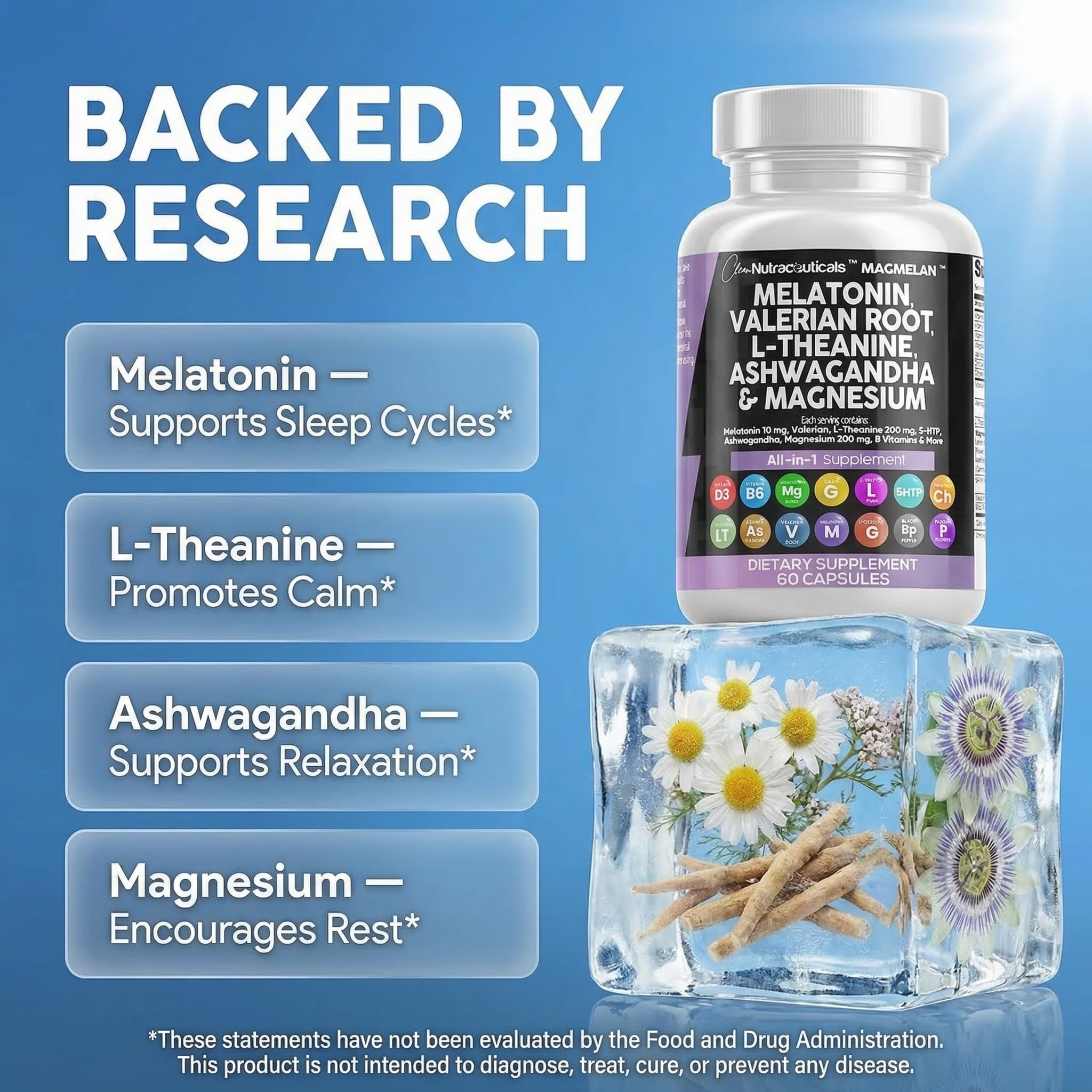 Clean Nutraceuticals Melatonin 10mg Valerian Root L Theanine 200mg Ashwagandha - Sleep Support for Women & Men with Magnesium Complex, Lemon Balm, Chamomile, & Passion Flower - 60 Caps — Amazon image 3