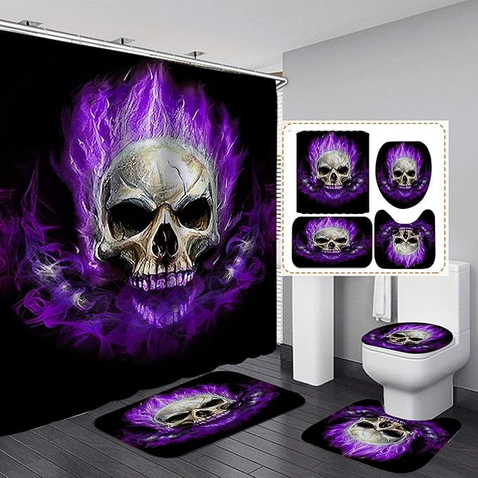 Jayden&Madge 4PCS/Set Flame Skull Shower Curtain, Fantasy Burning Skeleton Bathroom Decor, Waterproof Polyester Cloth Fabric Bath Curtain, Non-Slip Bathroom Mat Toilet Rug Black Bath Mat, Purple