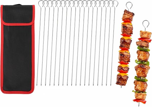 20 PCS 304 Stainless Steel BBQ Kebab Skewers with Storage Bag, 11.81"/30cm Reusable Metal Skewers for Oven, Grill & Turkish Shish, Adana, Kofte - 1