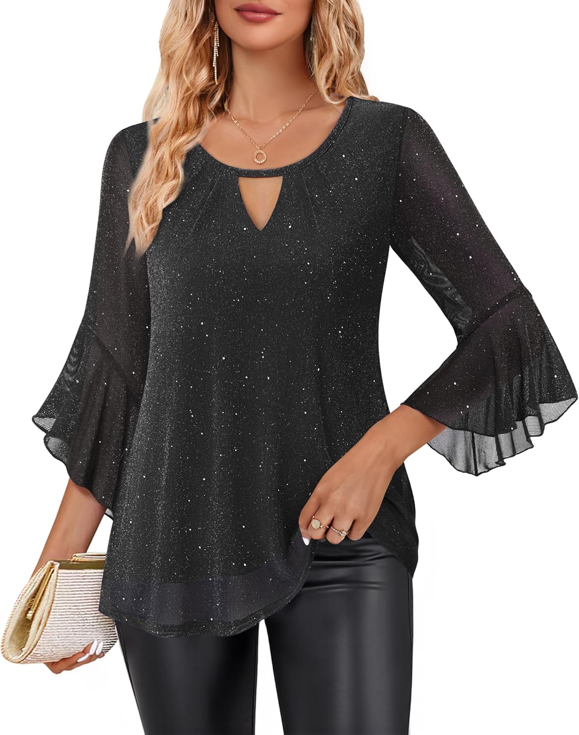 VALOLIA Womens Sparkly Tops Dressy Ruffle 3/4 Sleeve Blouses Glitter Cocktail Party Evening Shirts - Image 2