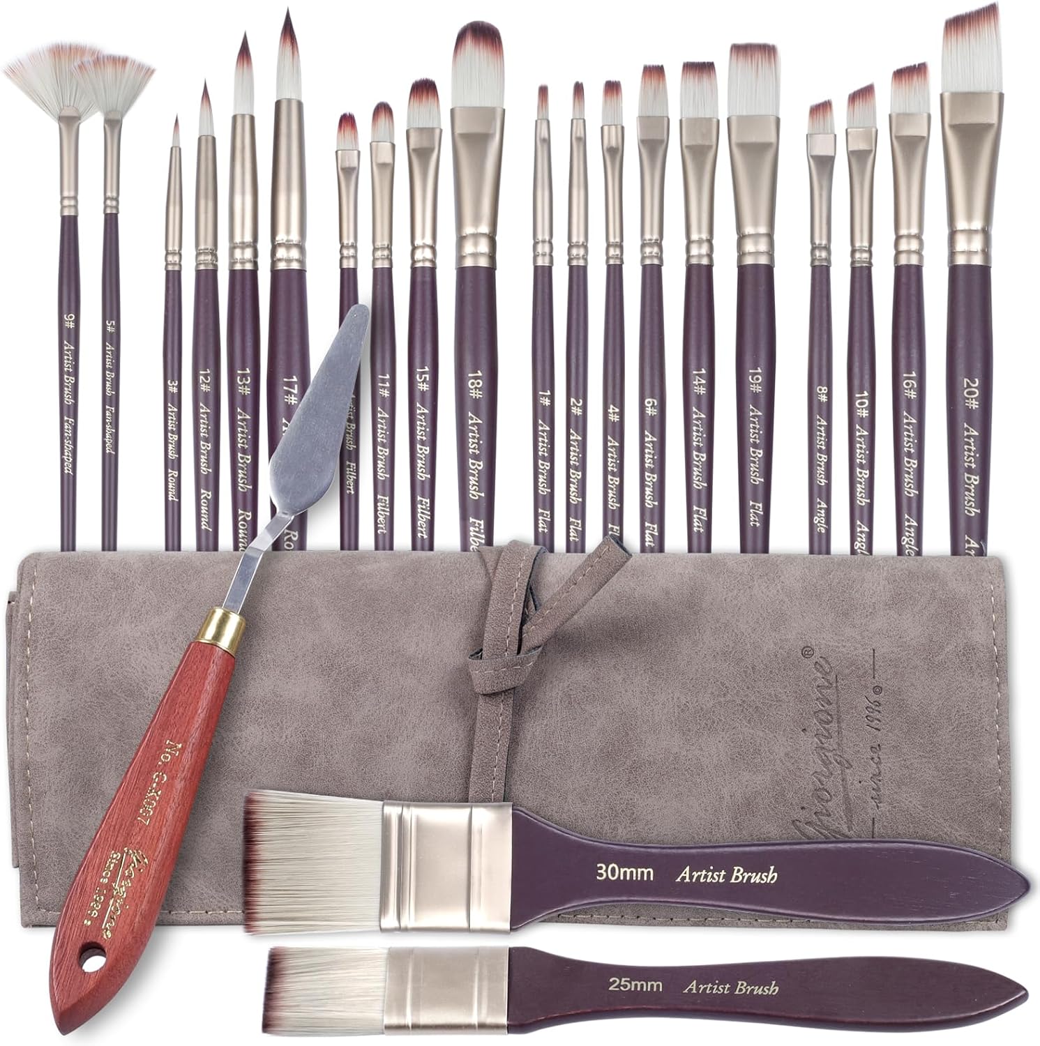 23pcs Paint Brush Set, Professional Artist Brushes for Acrylic and Oil Painting, Includes Flat, Filbert, Fan, Round, Angle, Rigger, and Palette Knife, Portable Storage Roll