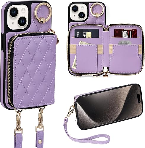 Miniatura 24 de Keallce Funda para iPhone 15 Pro Max de 6.7'' Funda Cartera, Bolso Bandolera con Cremallera Monedero Pulsera para Mujeres, Portadores de Tarjetas