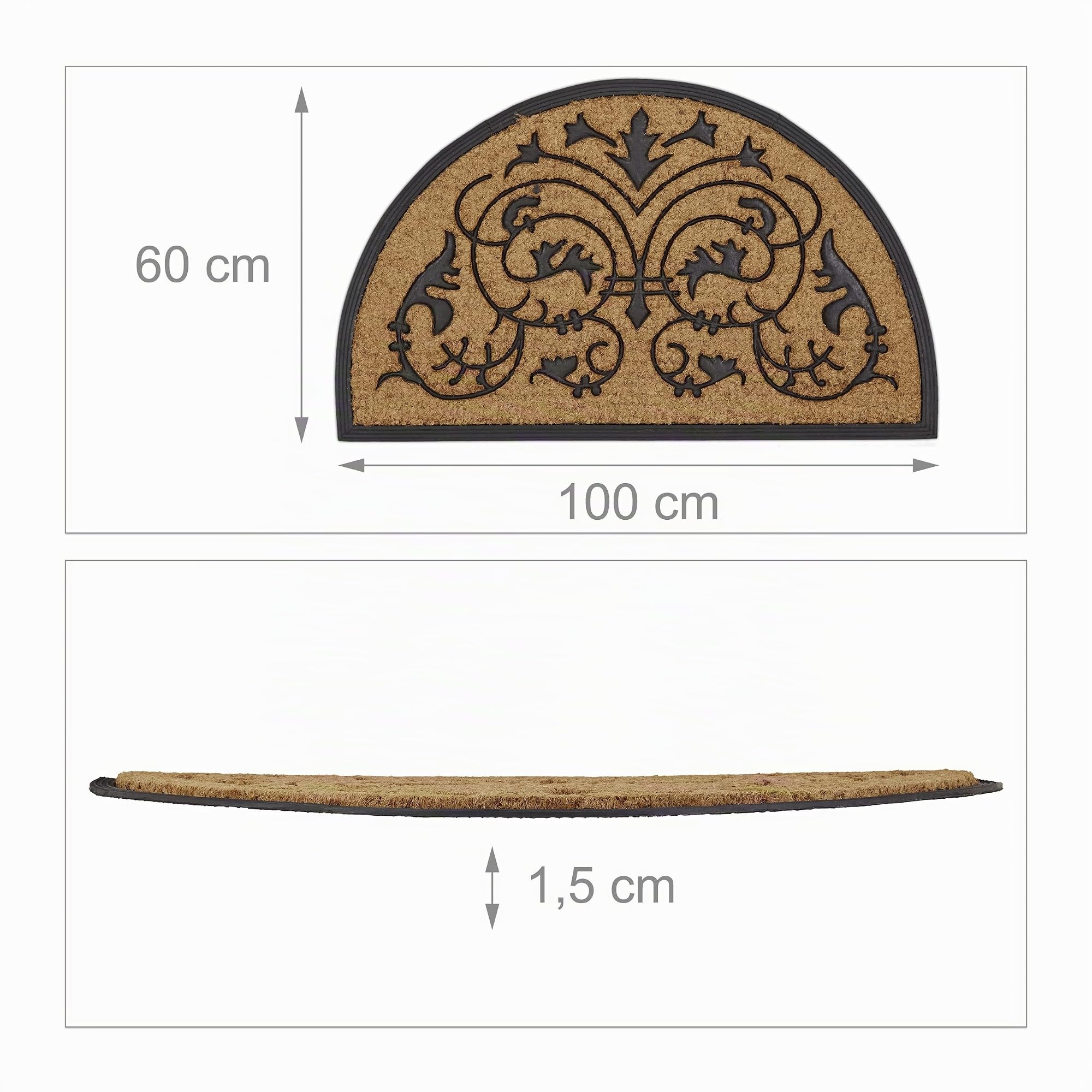 Relaxdays Zerbino Semicircolare, 60 x 100 cm/XXL, Fibra Cocco, Tappetino da Ingresso in Fibra di Cocco e Gomma, Marrone